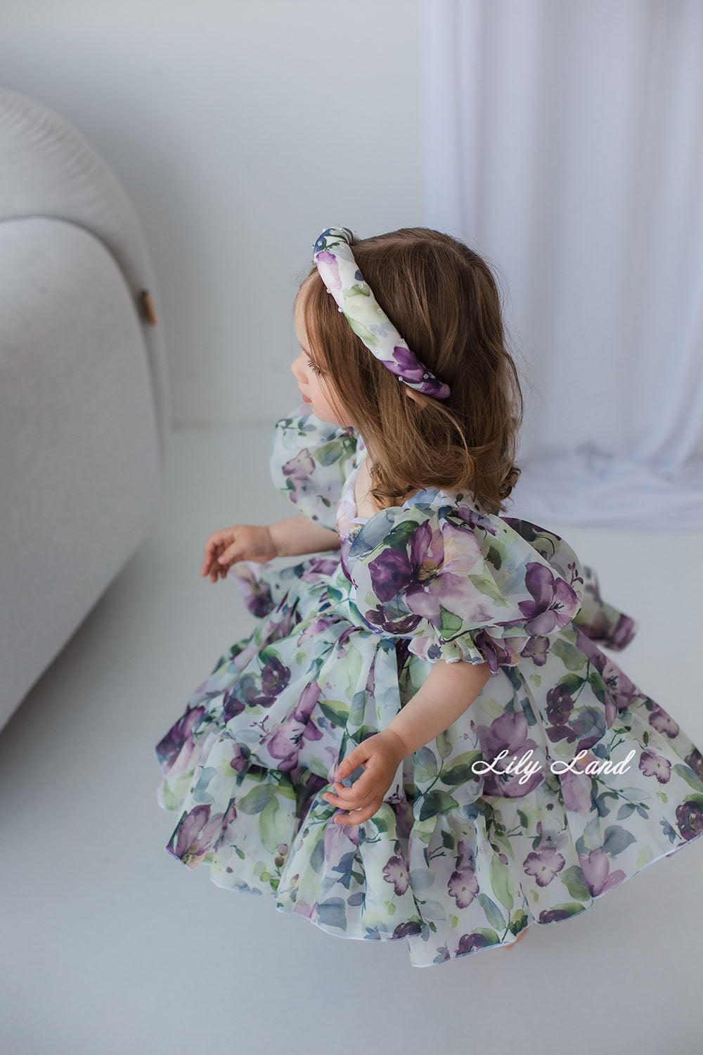 Marseille Puffy Girl Dress in Purple Floral Print