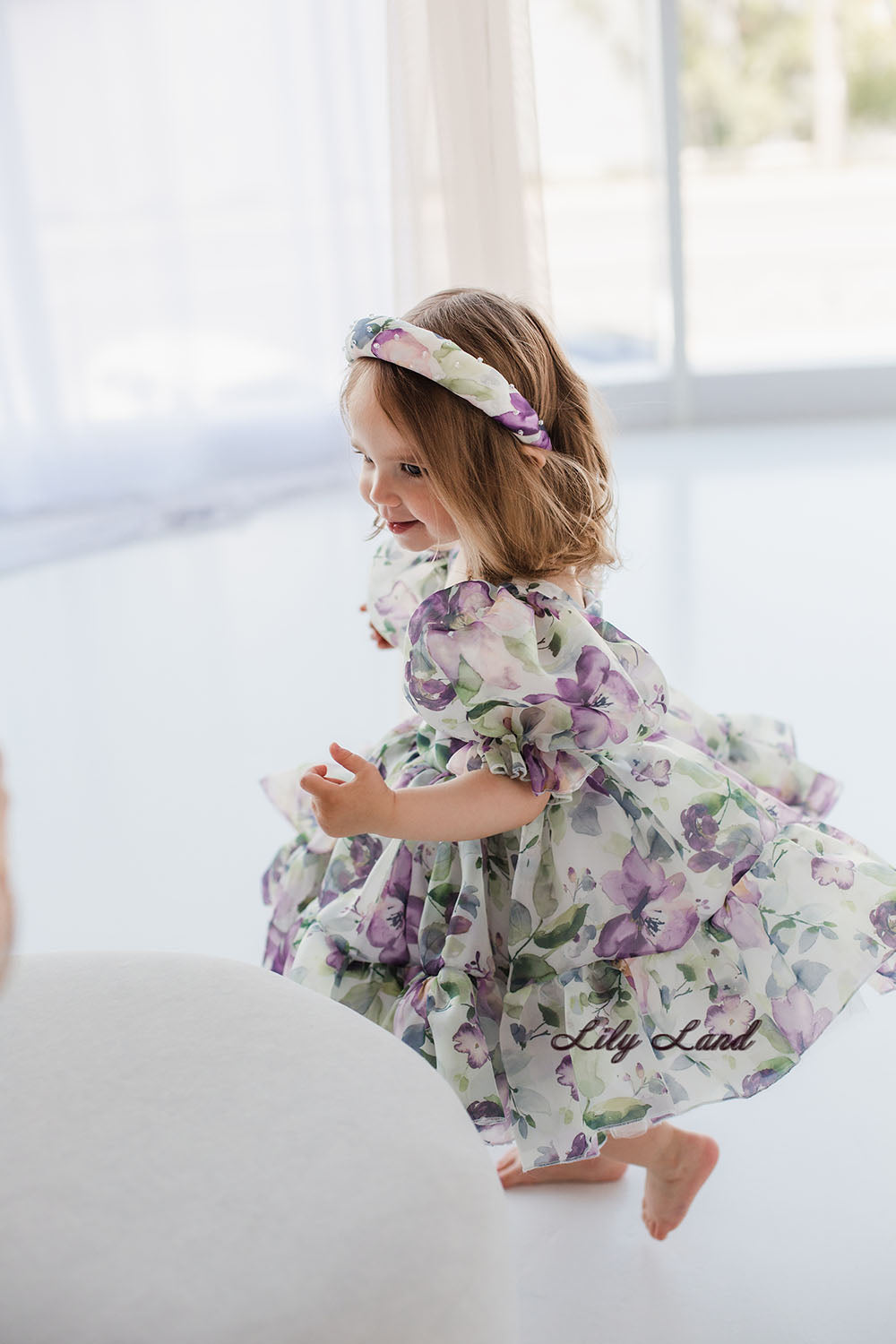 Marseille Puffy Girl Dress in Purple Floral Print