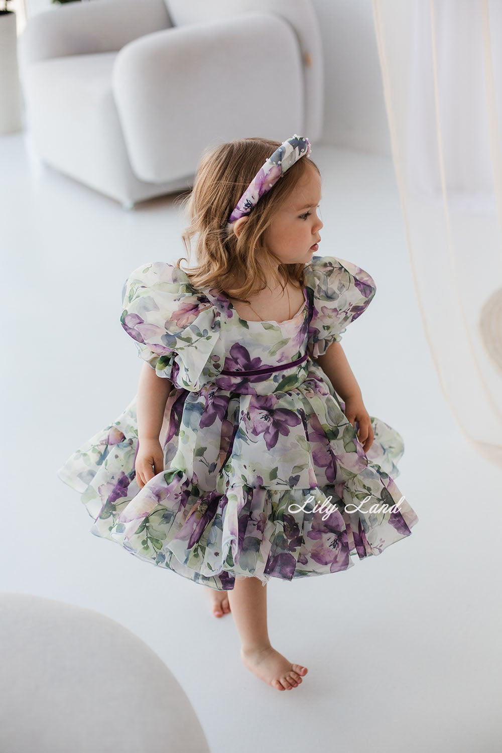 Marseille Puffy Girl Dress in Purple Floral Print