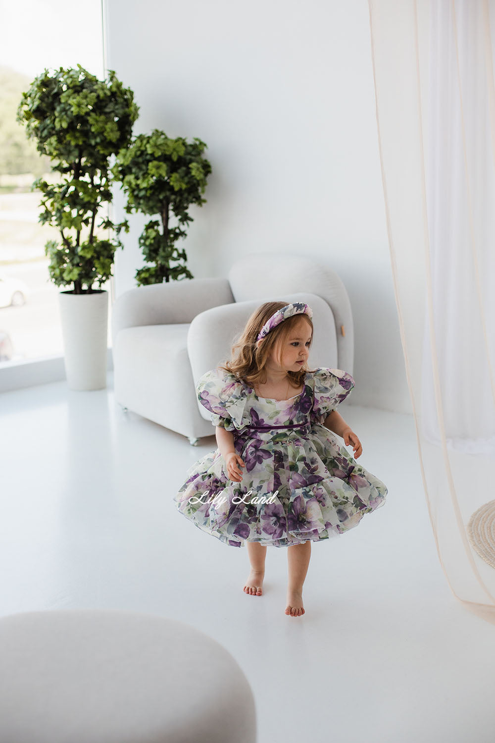 Marseille Puffy Girl Dress in Purple Floral Print