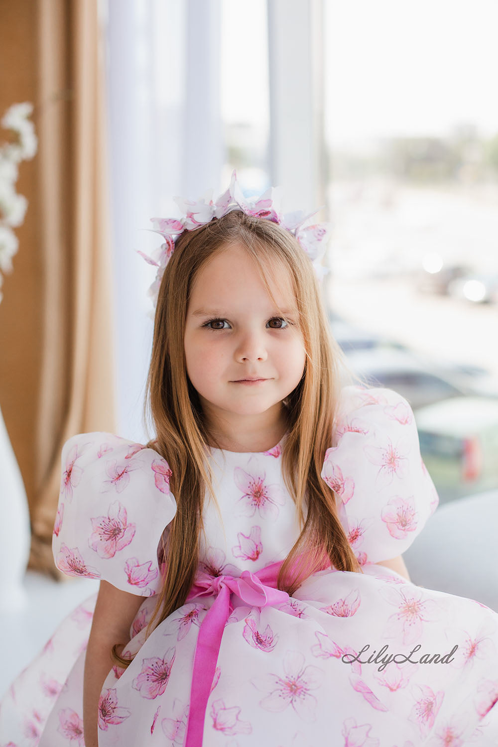 Liana Asymmetrical Girl Dress in White With Pink Floral Print