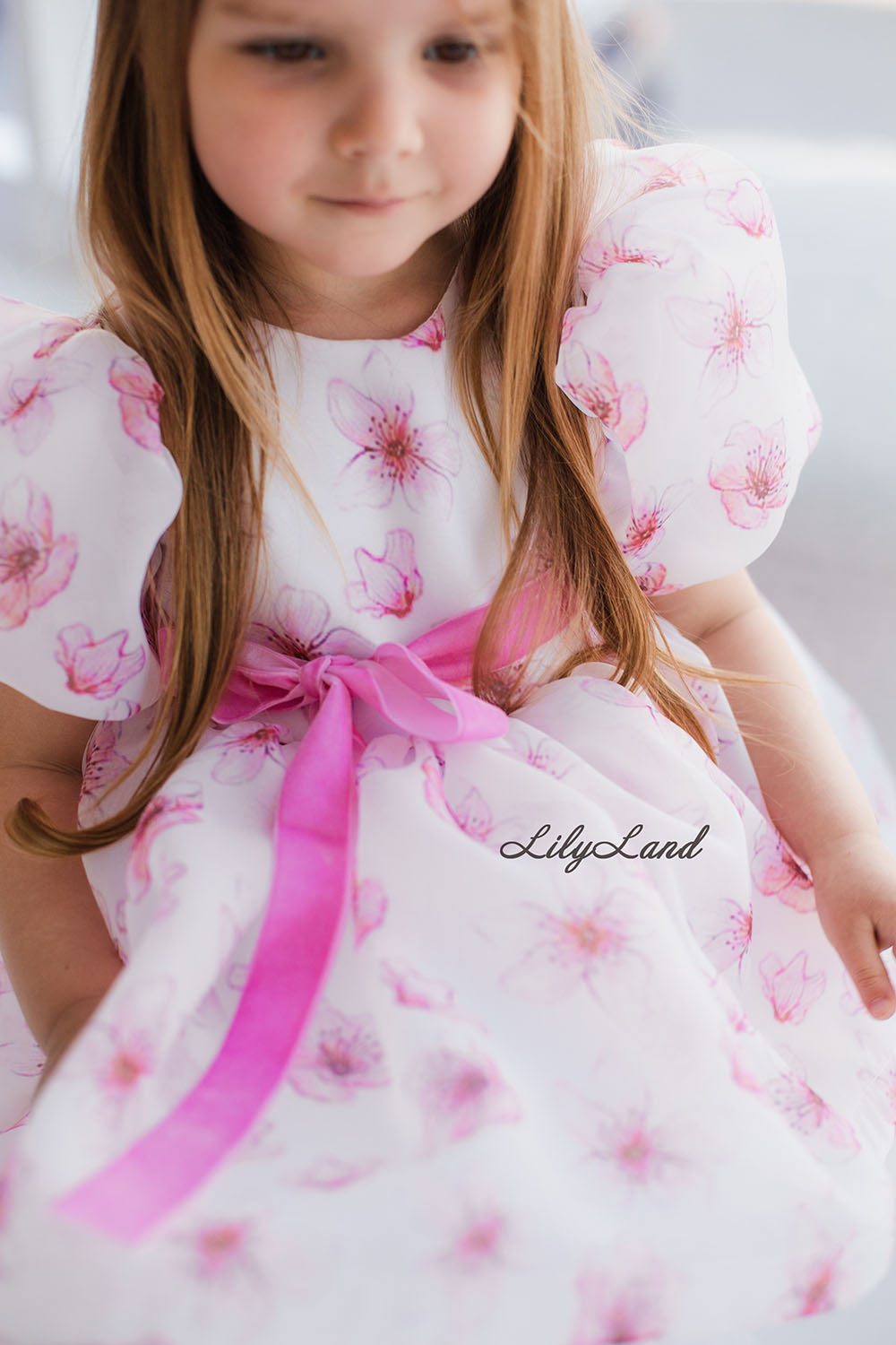 Liana Asymmetrical Girl Dress in White With Pink Floral Print