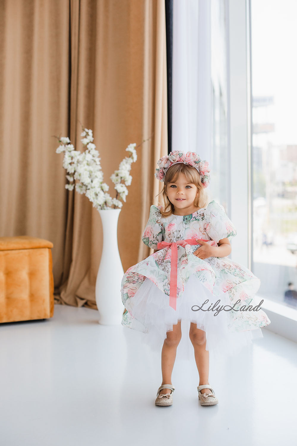 Liana Asymmetrical Girl Dress in White With Rose Print