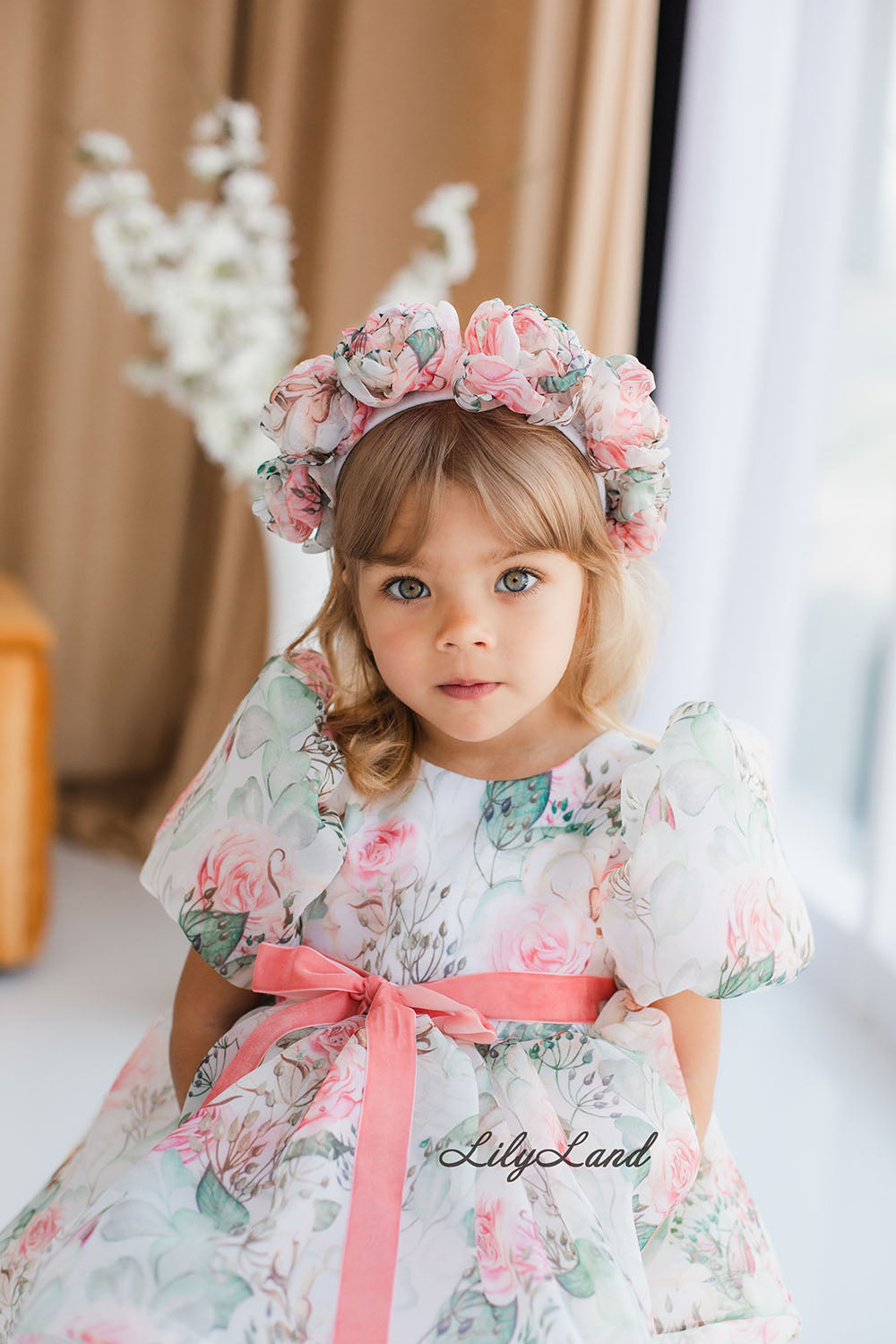 Liana Asymmetrical Girl Dress in White With Rose Print