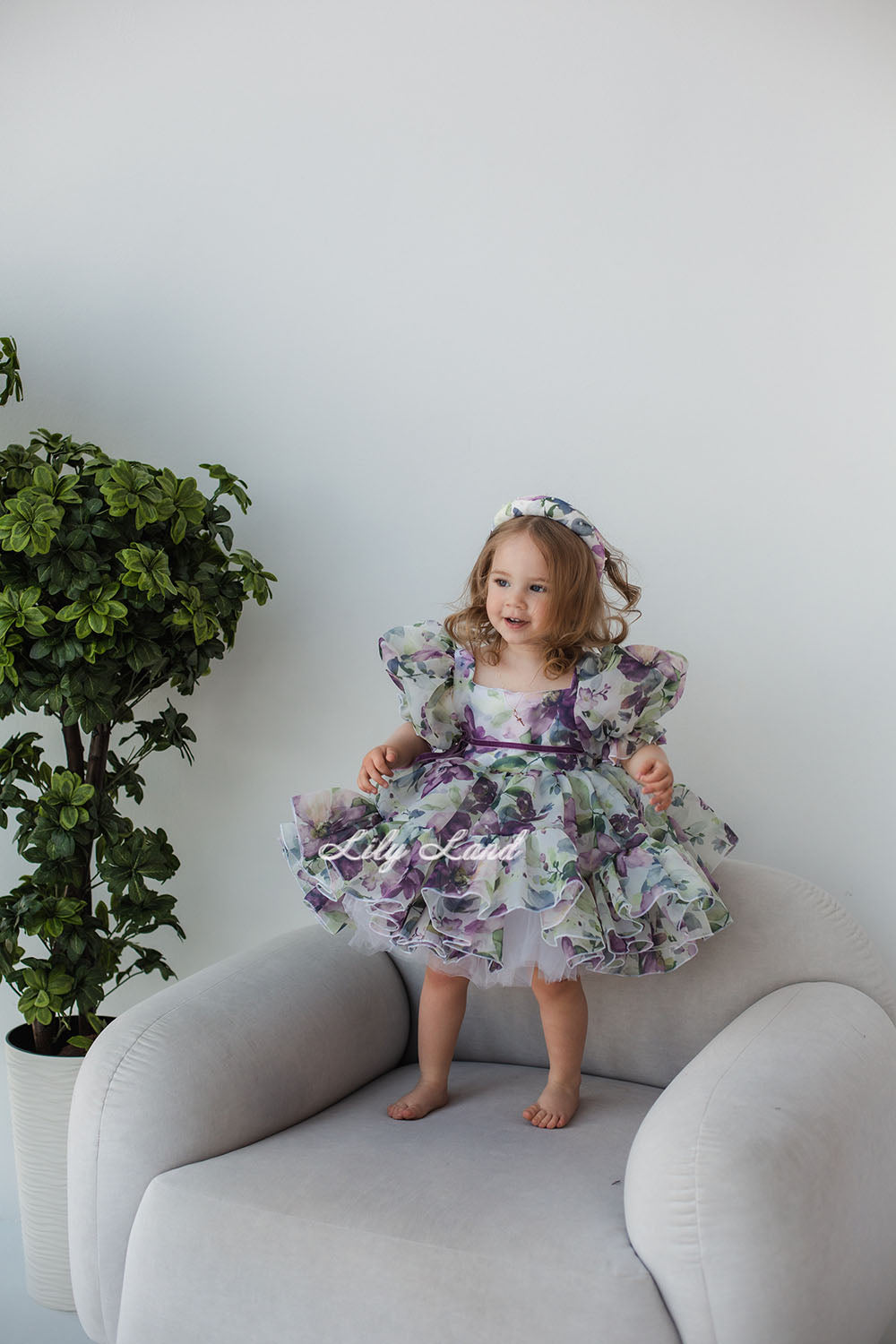 Marseille Puffy Girl Dress in Purple Floral Print