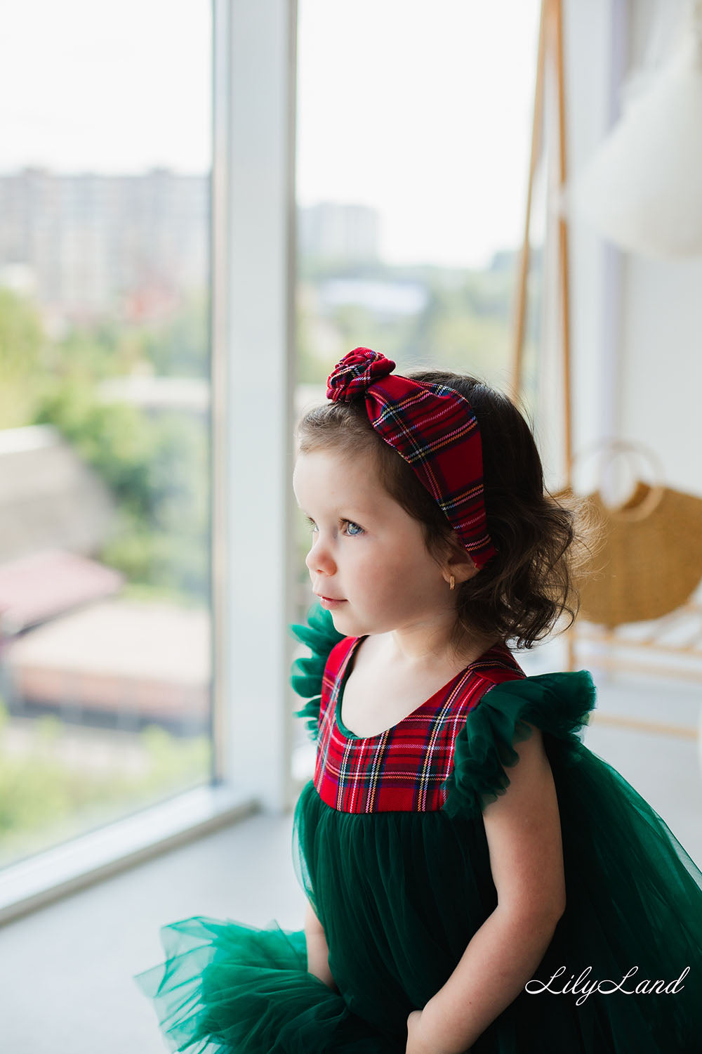 Tartan Plaid Christmas Girl Headband in Red with Rose
