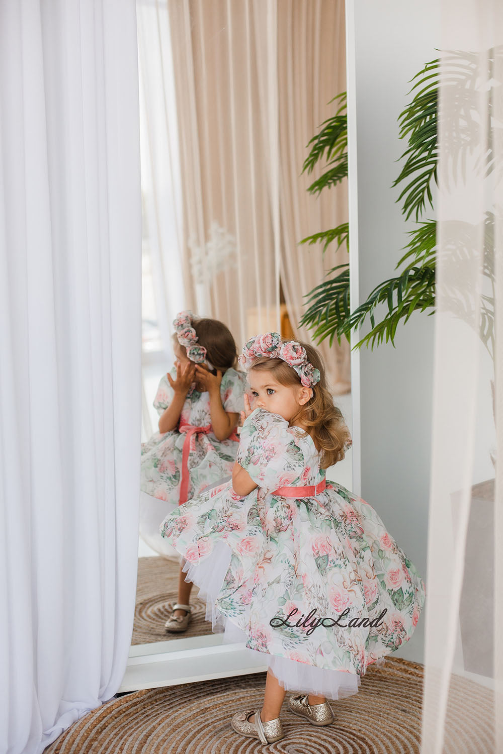 Liana Asymmetrical Girl Dress in White With Rose Print