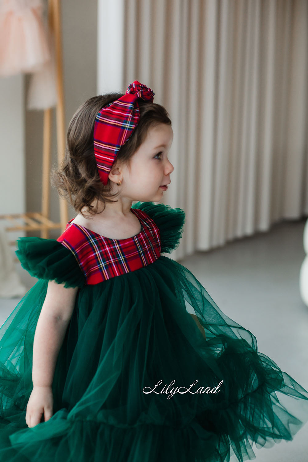 Belle New Year Christmas Girl Dress in Green and Red Tartan