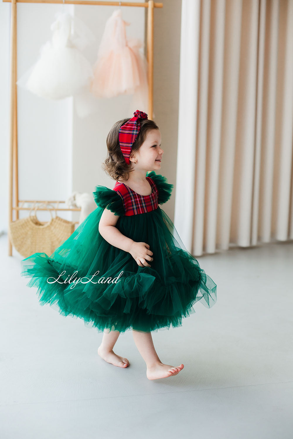 Belle New Year Christmas Girl Dress in Green and Red Tartan
