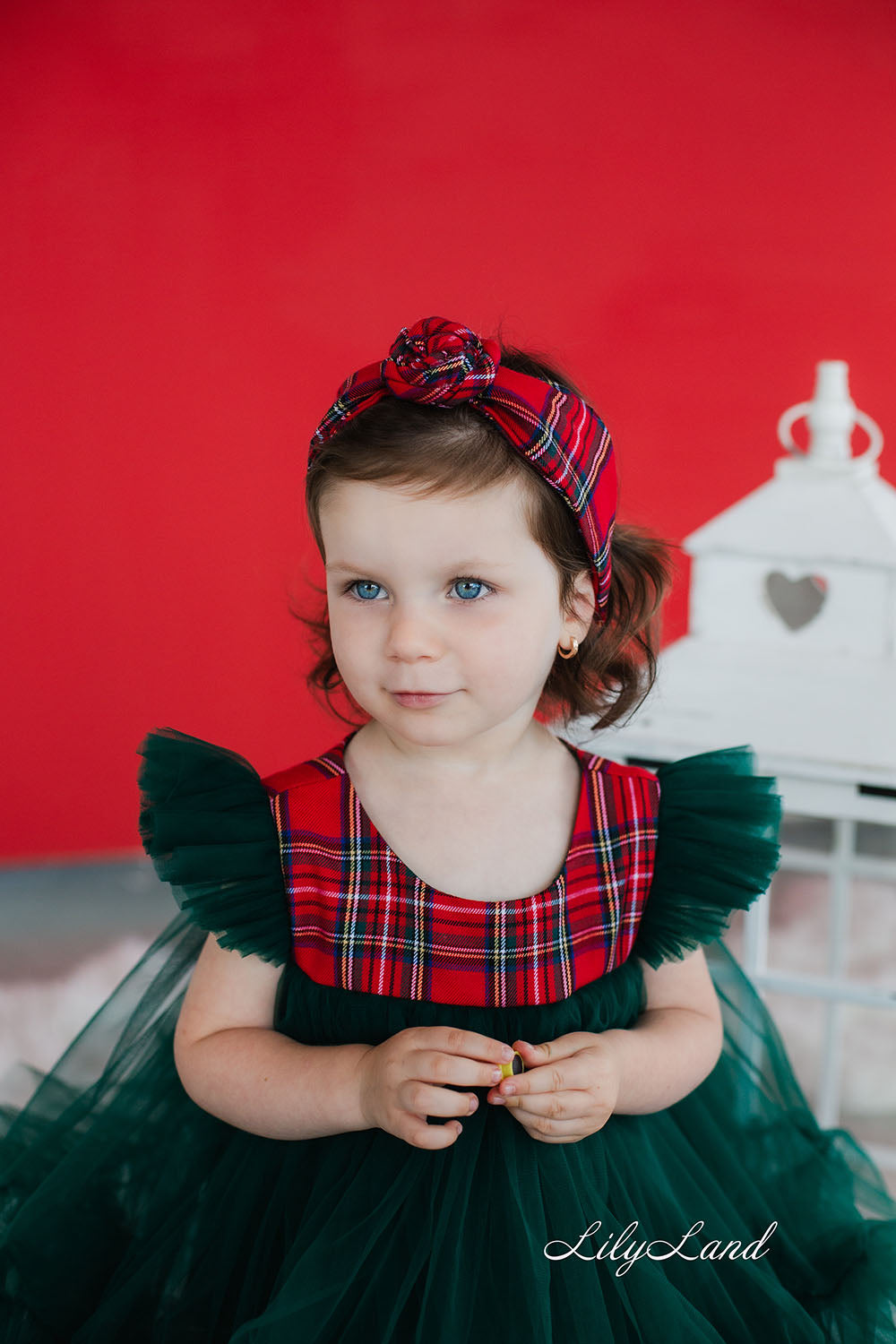 Tartan Plaid Christmas Girl Headband in Red with Rose
