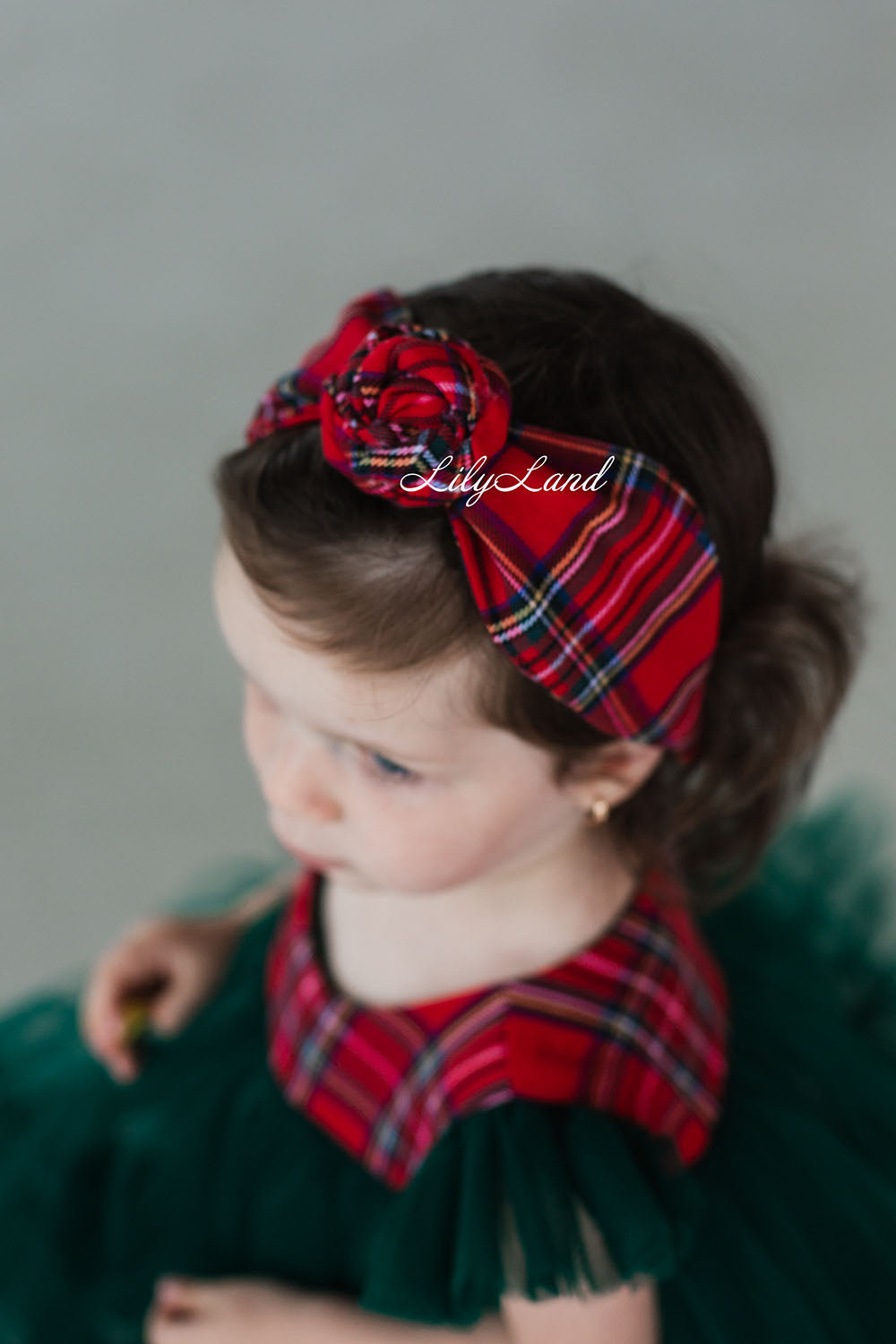 Tartan Plaid Christmas Girl Headband in Red with Rose