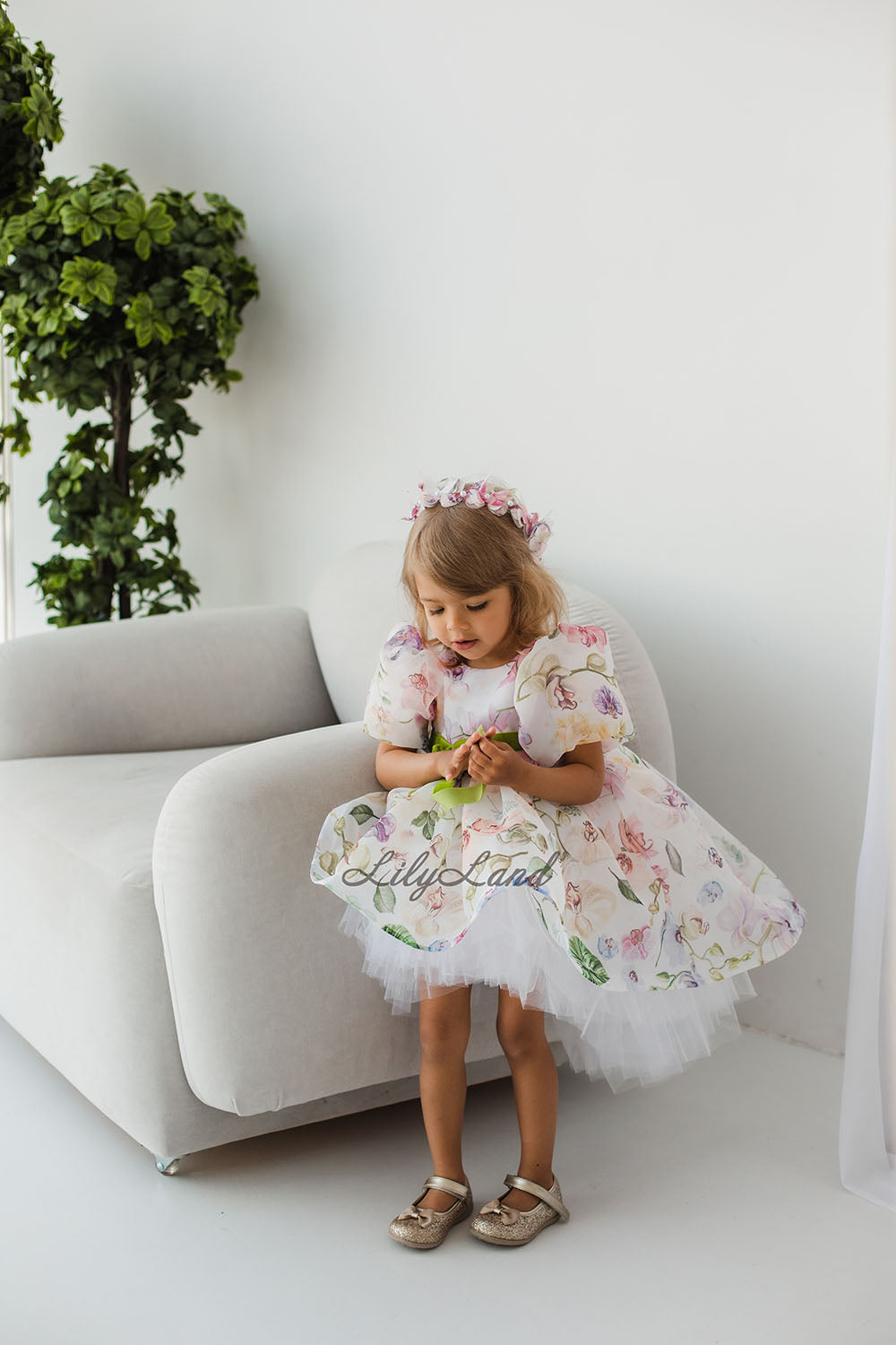 Liana Asymmetrical Girl Dress in White With Floral Print