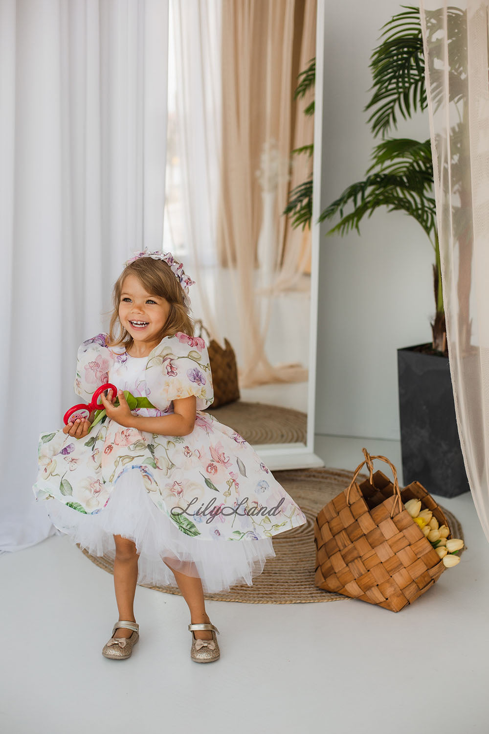 Liana Asymmetrical Girl Dress in White With Floral Print