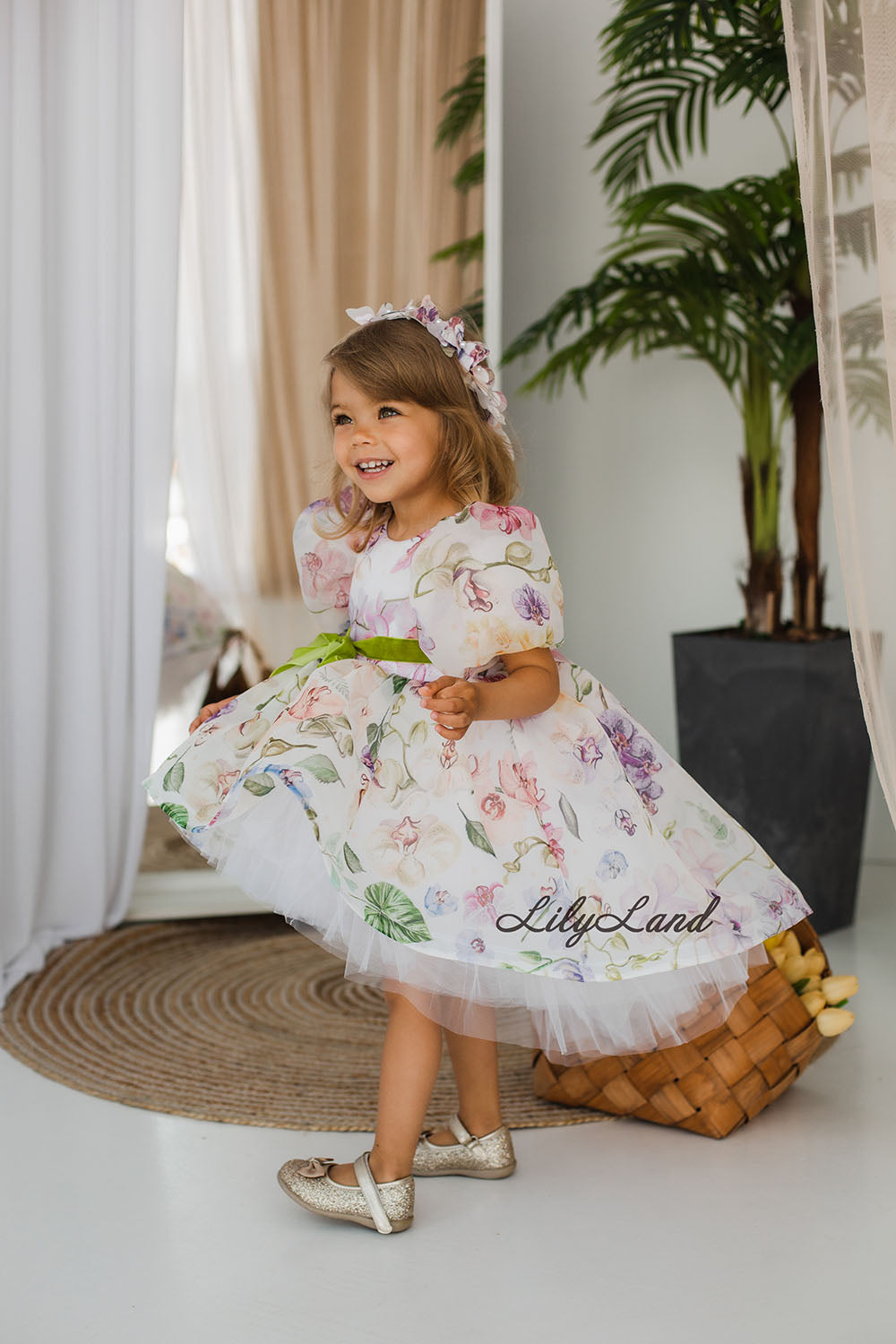 Liana Asymmetrical Girl Dress in White With Floral Print