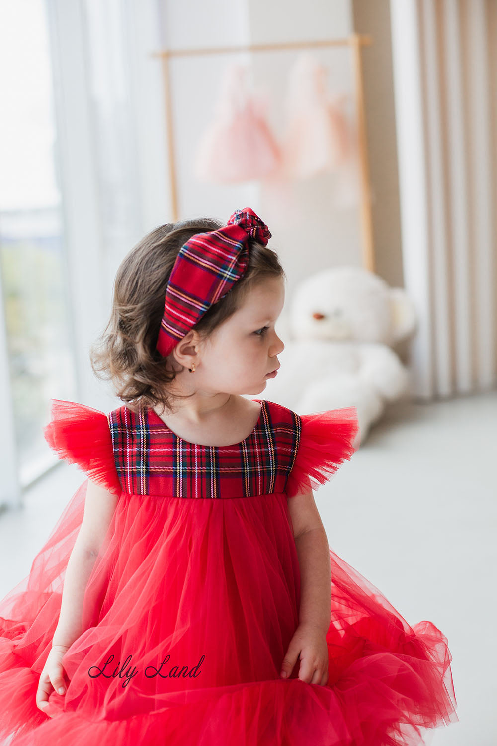 Belle New Year Christmas Girl Dress in Red Tartan