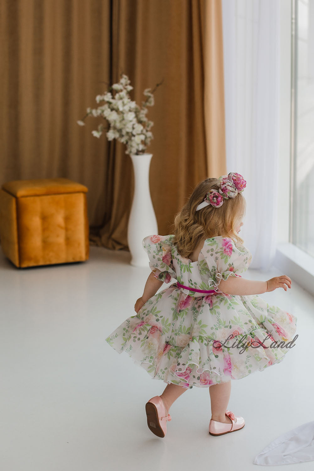 Marseille Puffy Girl Dress in Pink and Green Floral Print