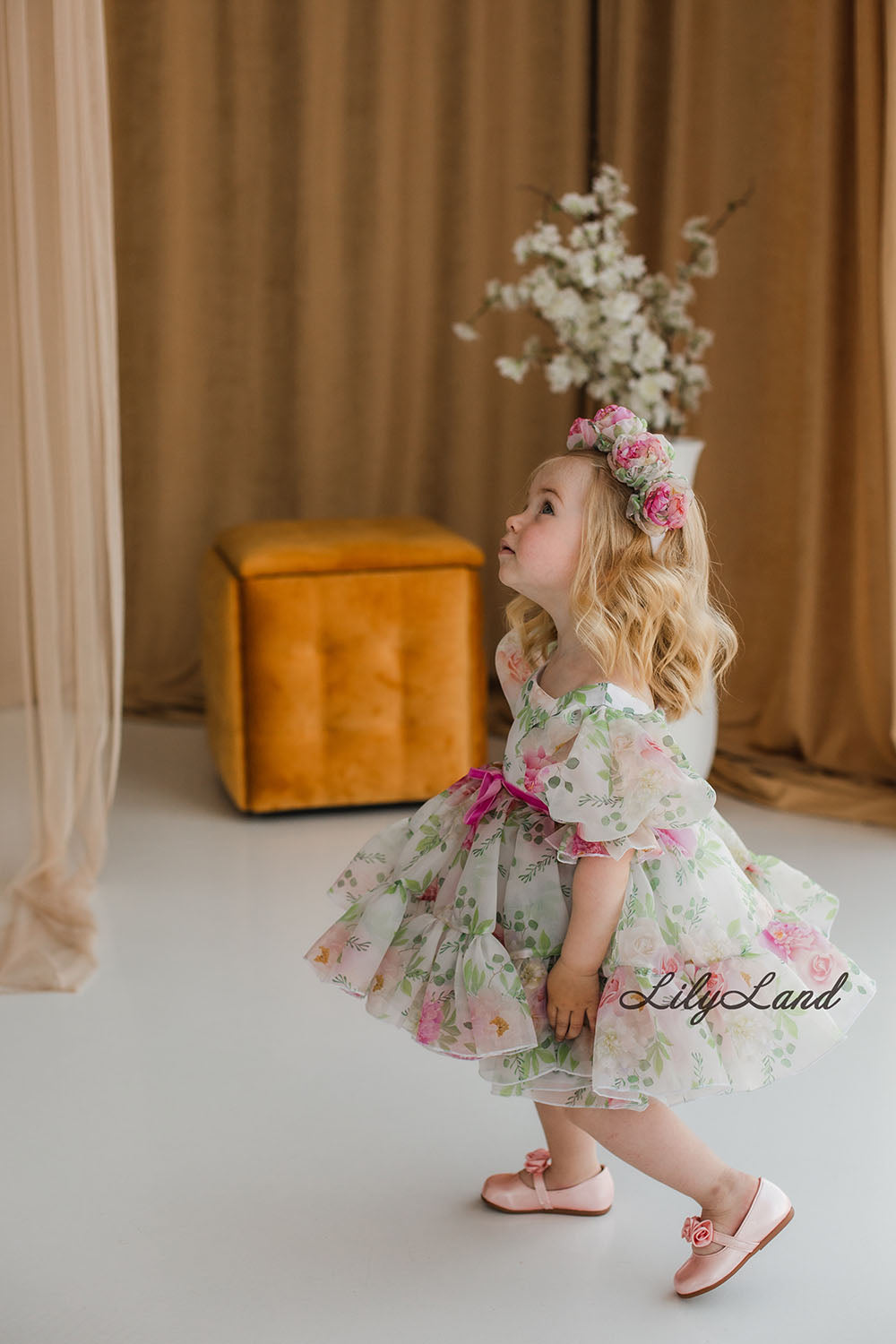 Marseille Puffy Girl Dress in Pink and Green Floral Print