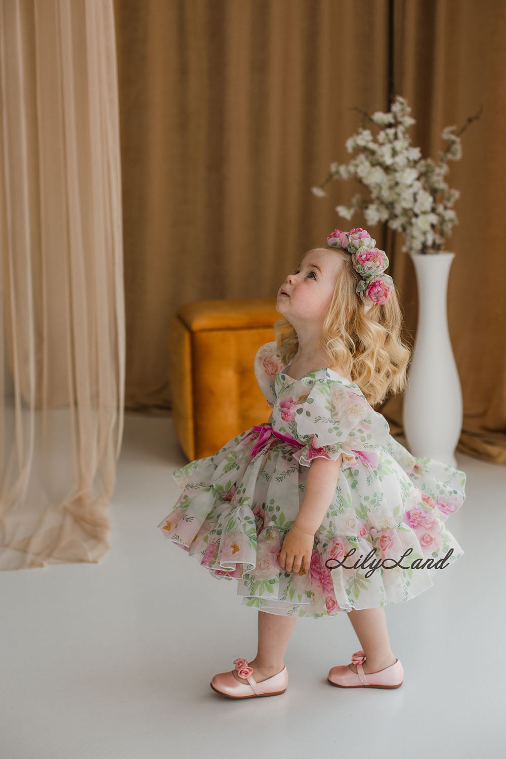 Marseille Puffy Girl Dress in Pink and Green Floral Print