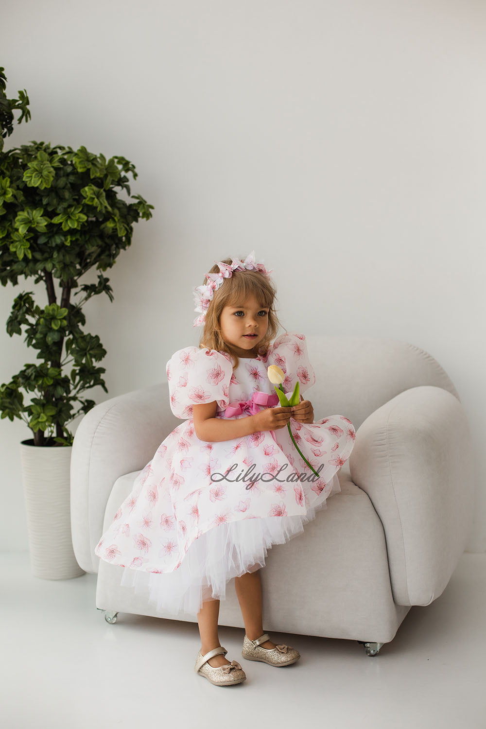 Liana Asymmetrical Girl Dress in White With Pink Floral Print