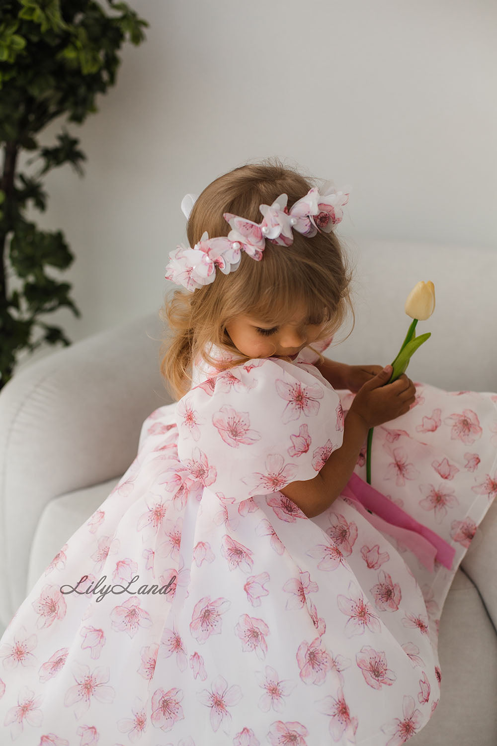 Liana Asymmetrical Girl Dress in White With Pink Floral Print