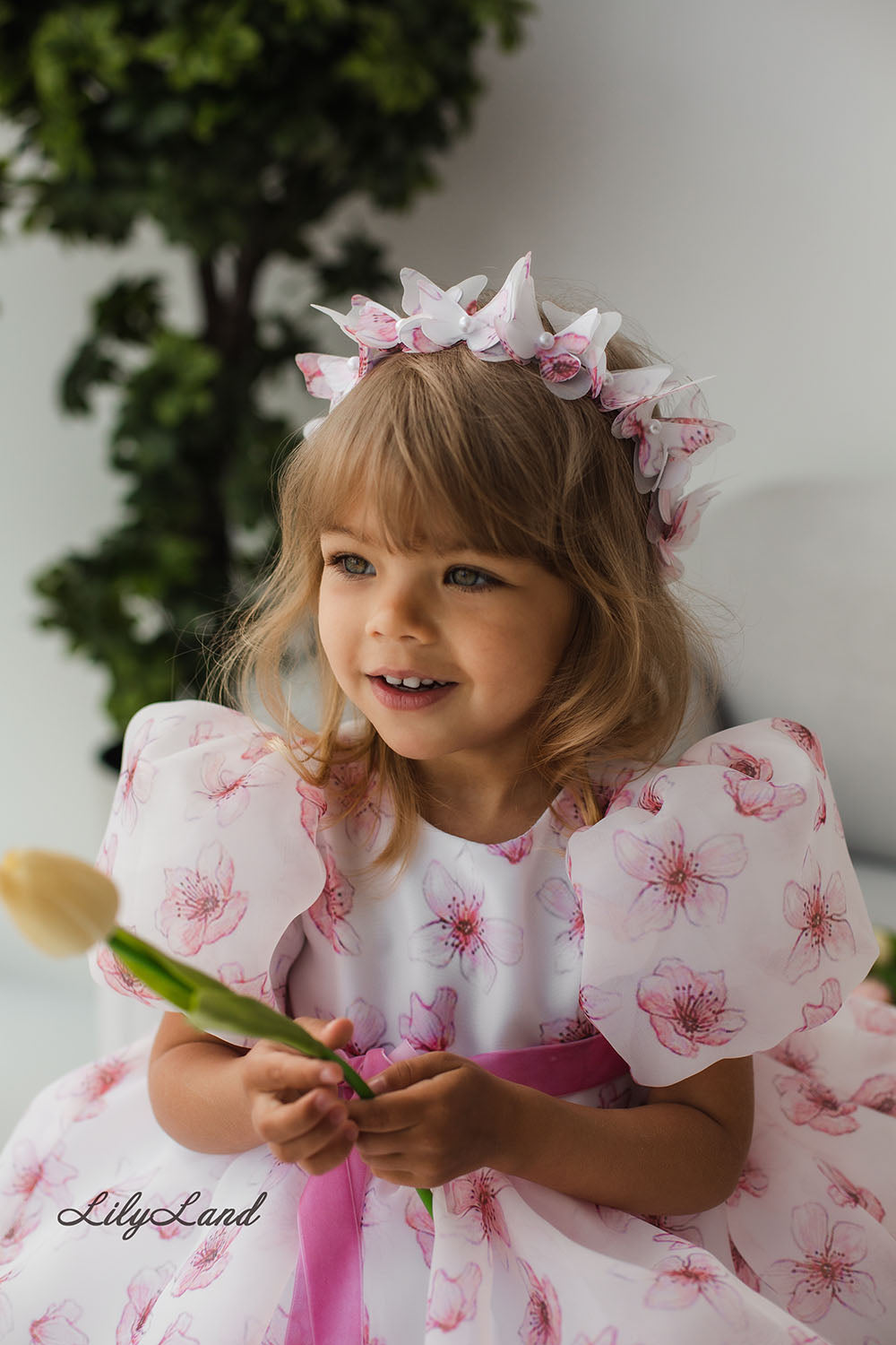 Liana Asymmetrical Girl Dress in White With Pink Floral Print