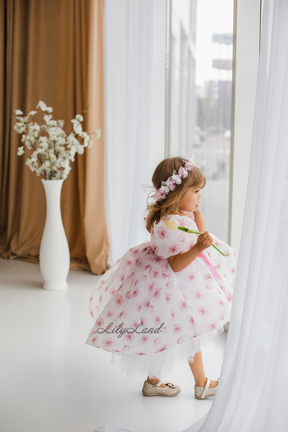 Liana Asymmetrical Girl Dress in White With Pink Floral Print