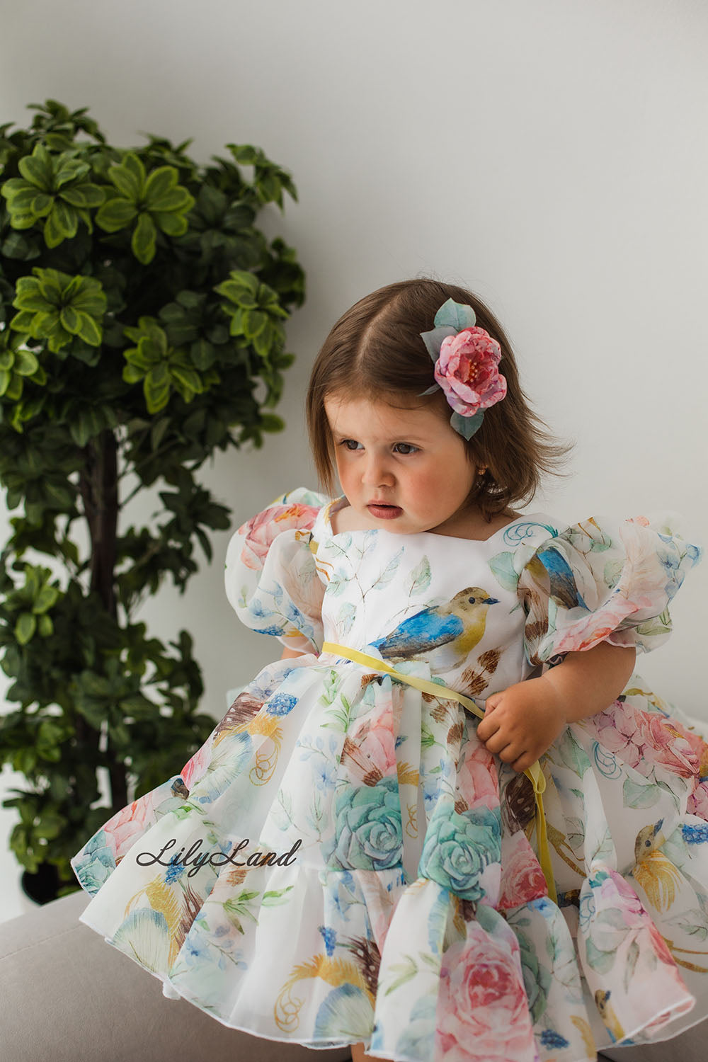 Marseille Puffy Girl Dress with Floral and Birds Print