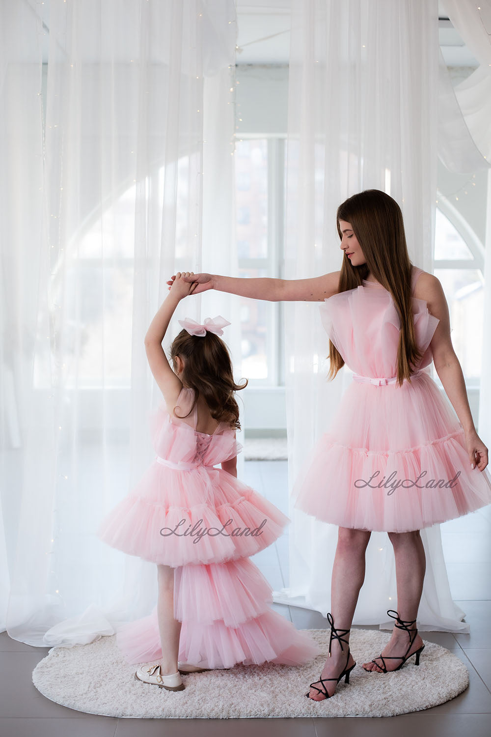 Barbie Matching Tulle Dresses Mommy and Daughter in Blush Pink with Train