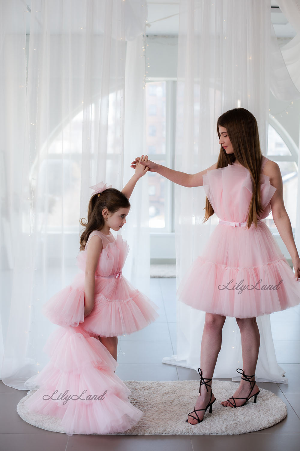 Barbie Matching Tulle Dresses Mommy and Daughter in Blush Pink with Train