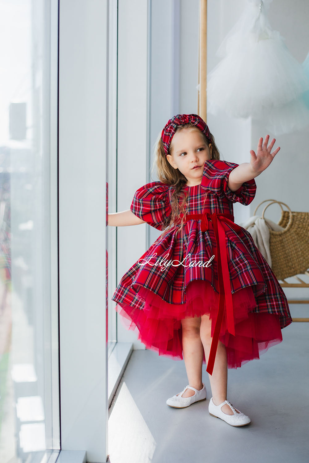 Liana Christmas Girl Dress in Beige Tartan