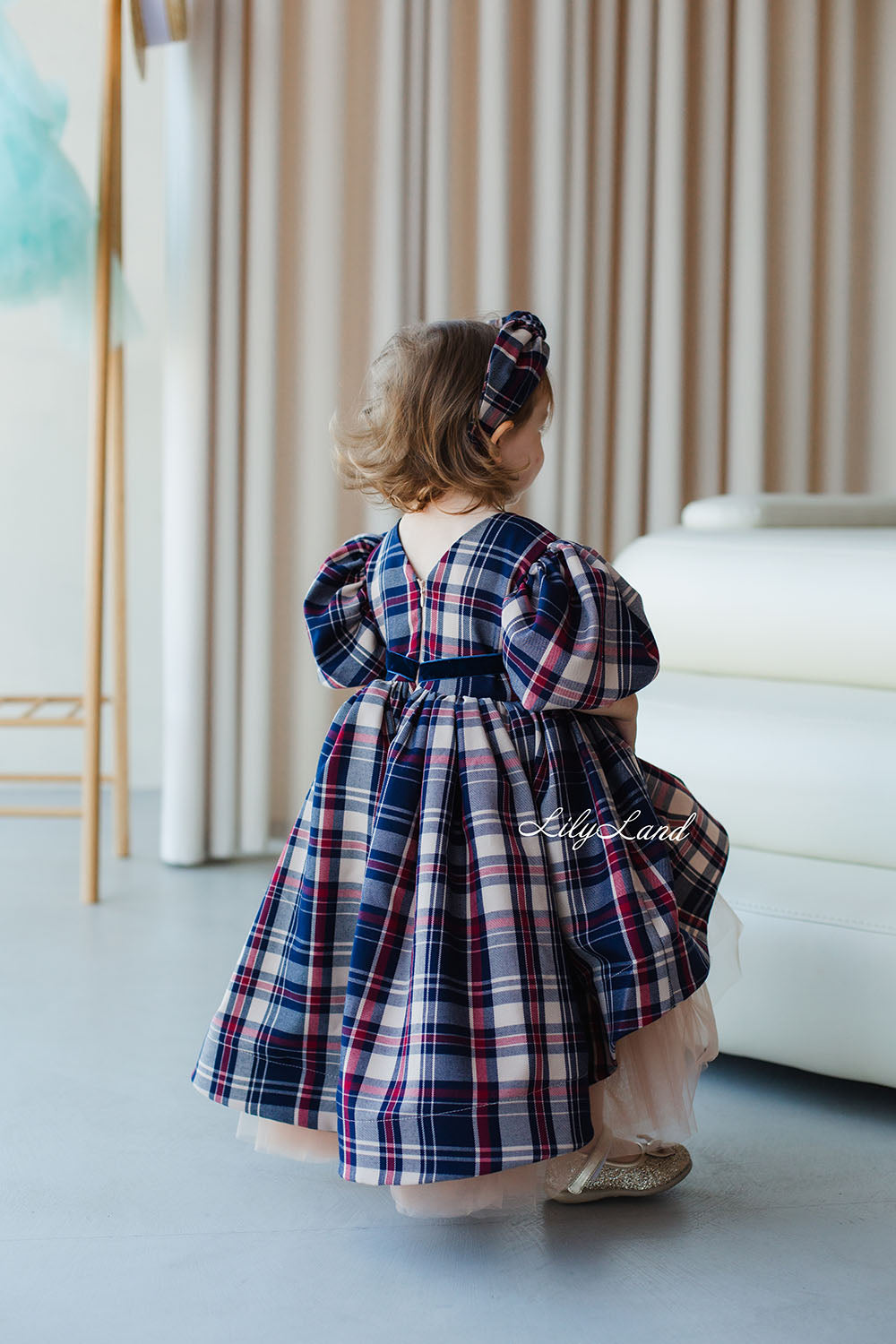 Liana Christmas Girl Dress in Beige Tartan
