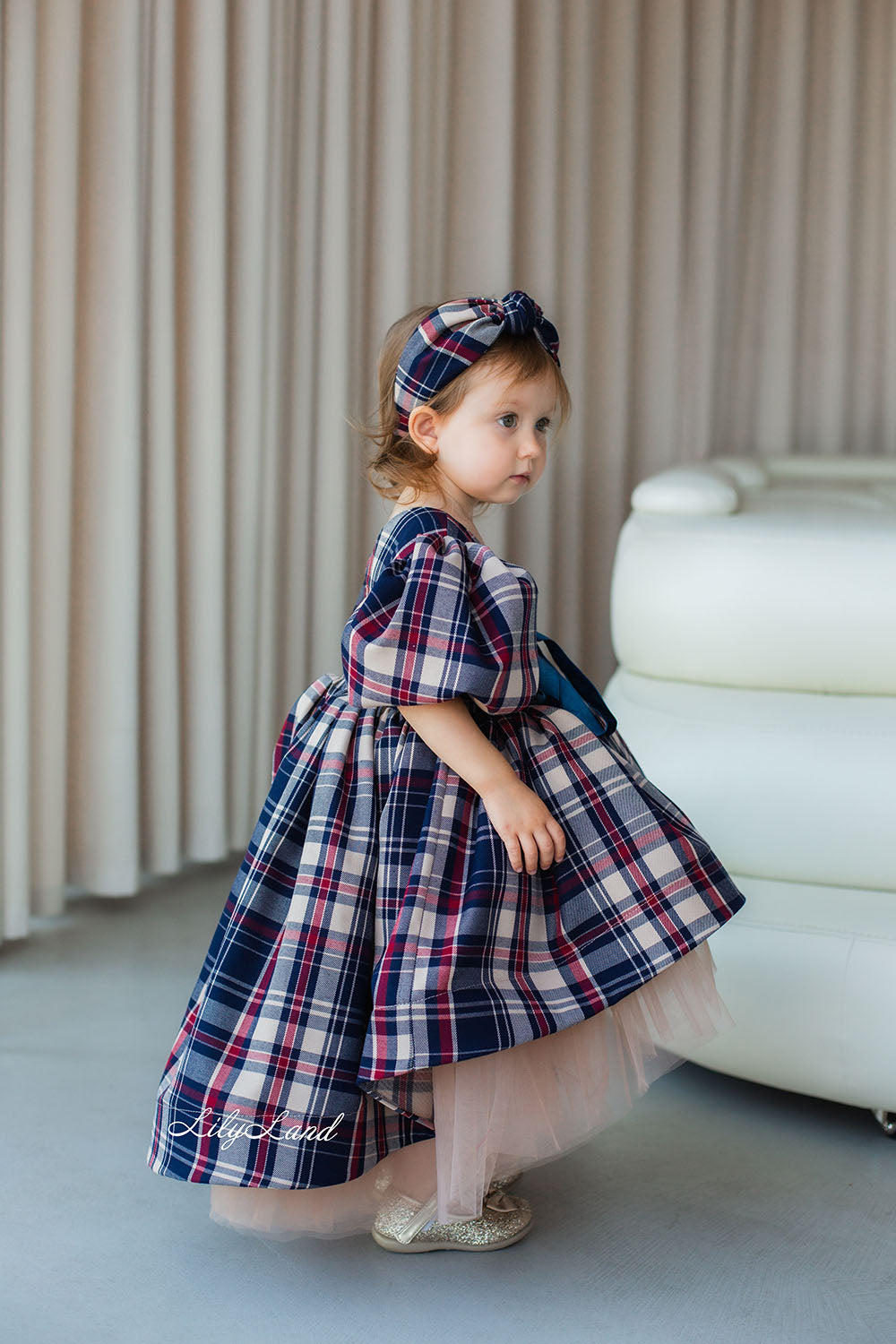 Liana Christmas Girl Dress in Beige Tartan