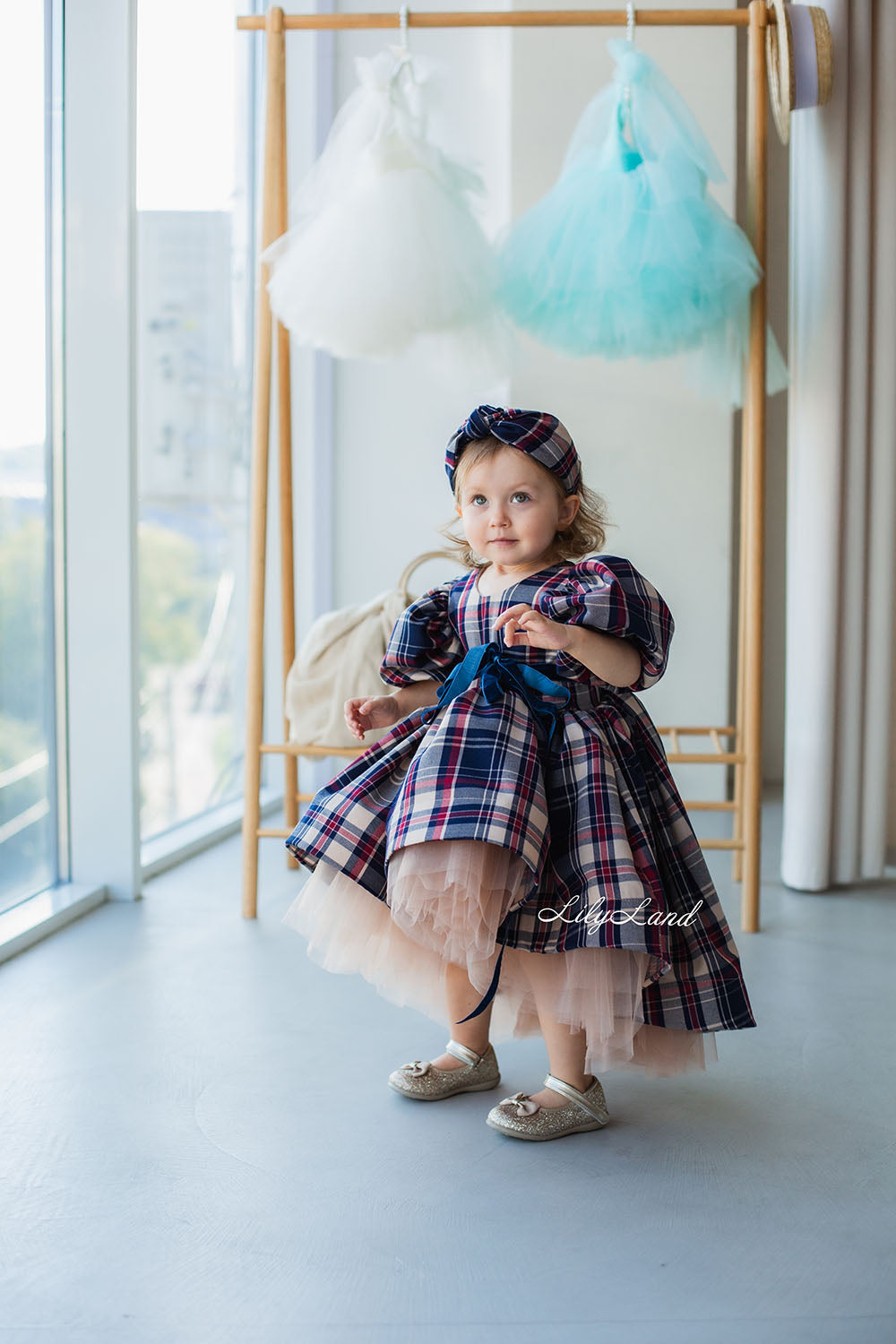 Liana Christmas Girl Dress in Beige Tartan