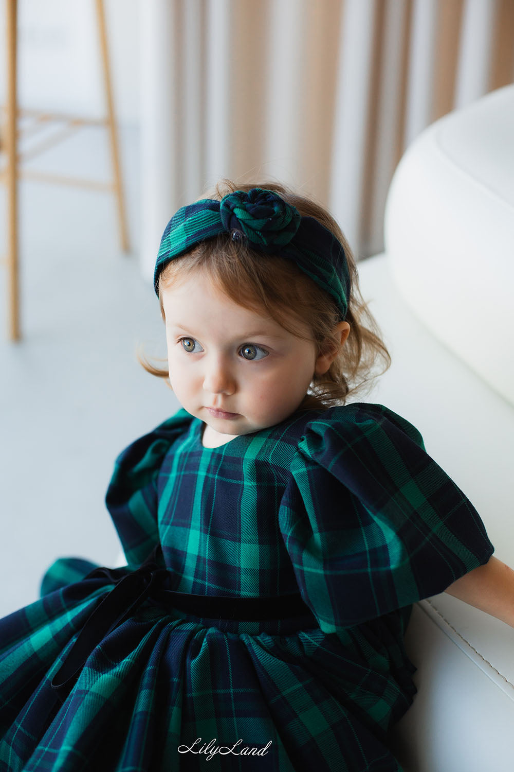 Tartan Plaid Christmas Girl Headband in Red with Rose