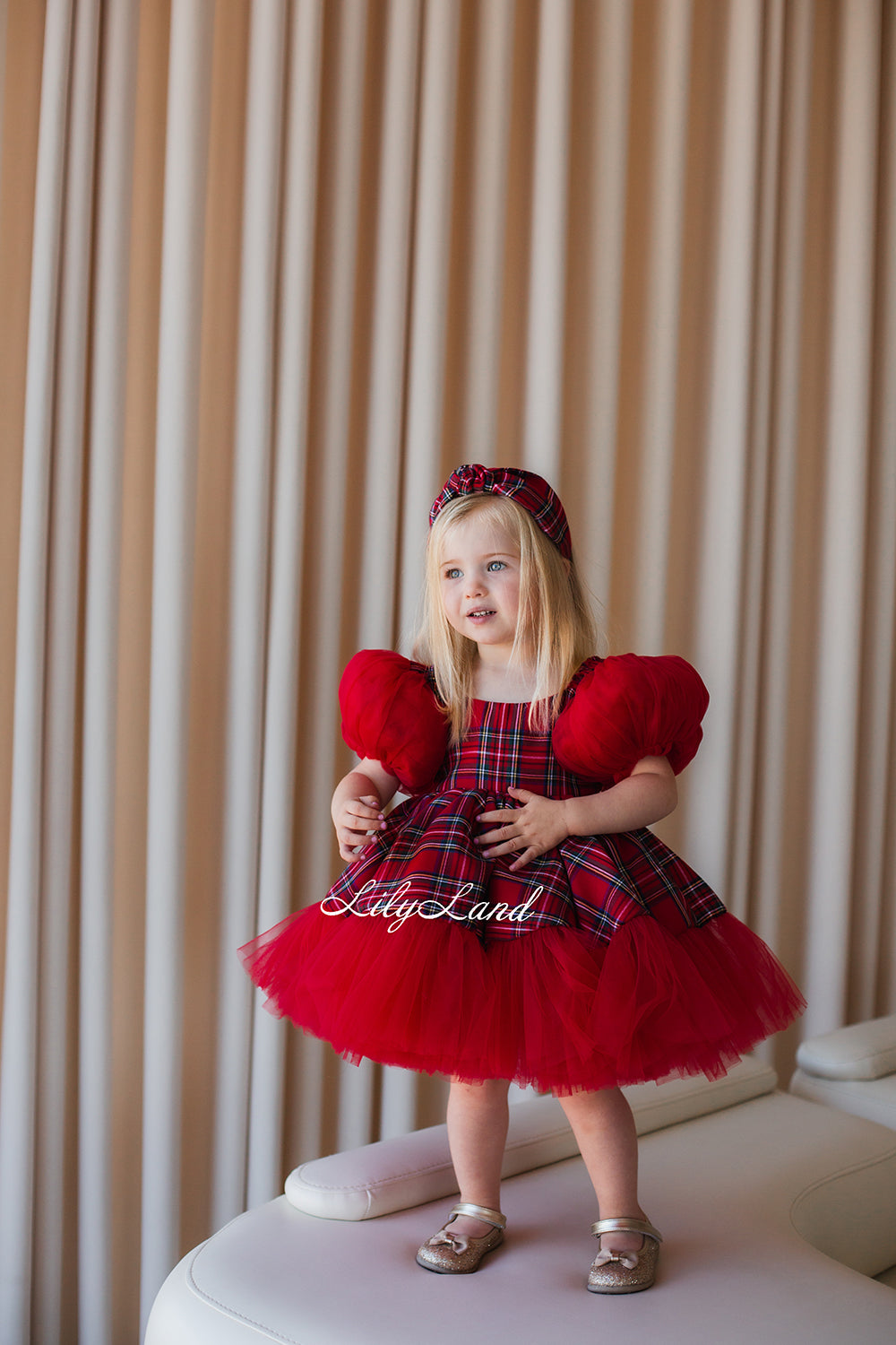 New Year Christmas Girl Dress With Puffed Tulle Sleeves in Red