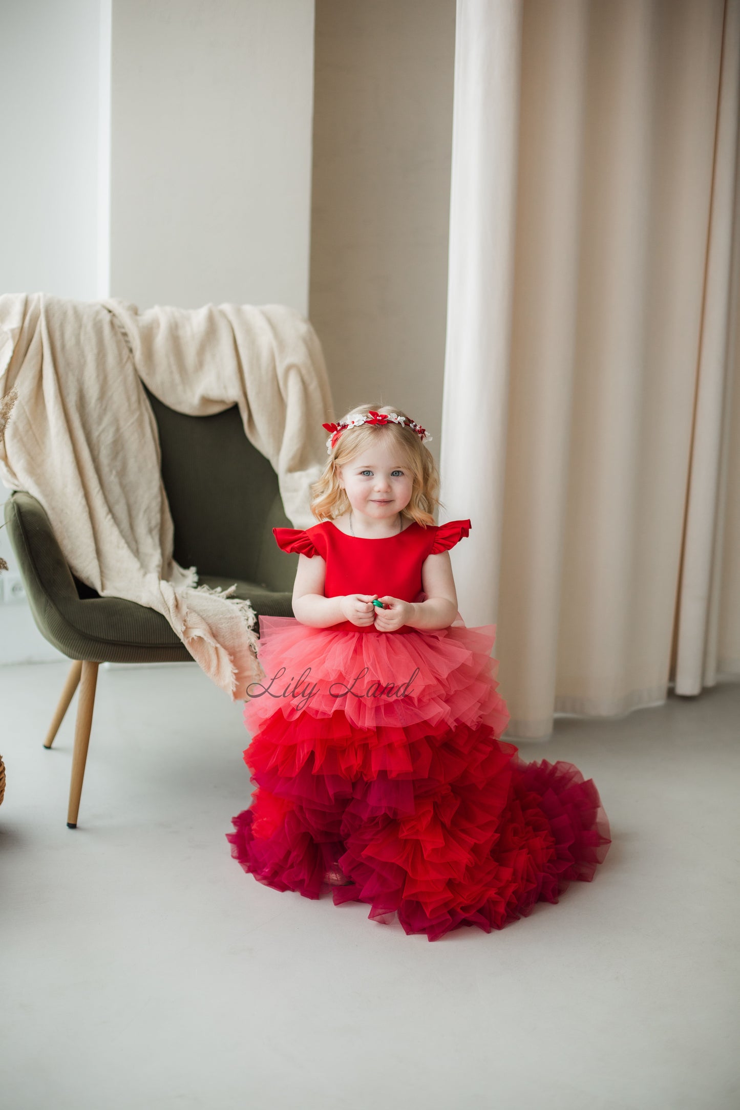 Rosa Girl Dress in Red Ombre with Long Train