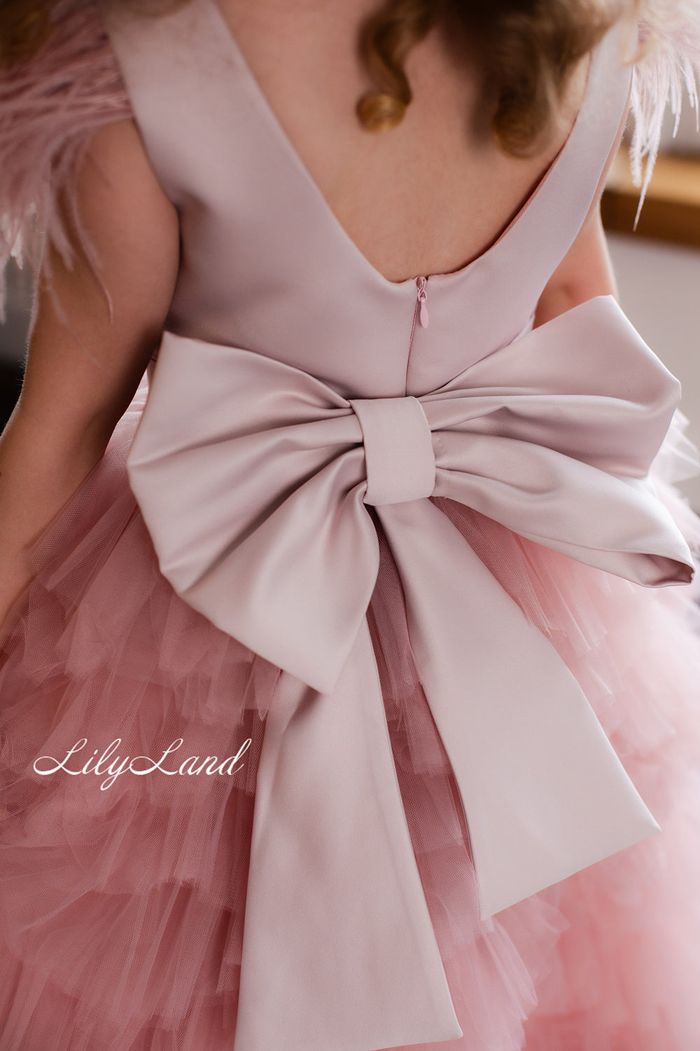 Ursula Girl Dress with Feather Sleeves In Powder Color