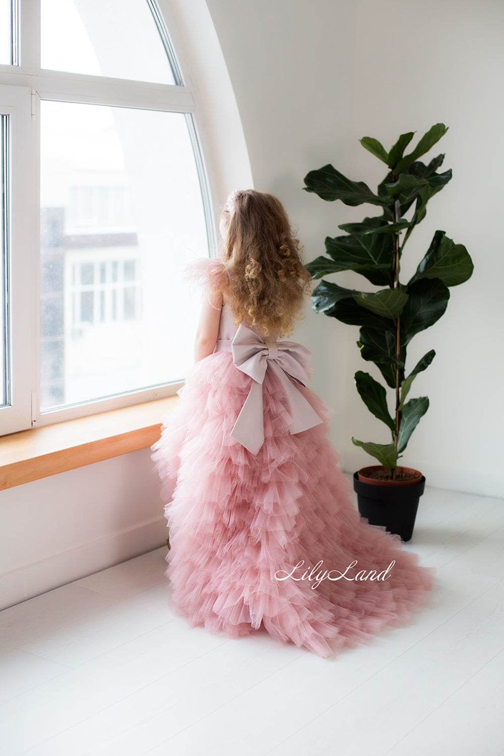 Ursula Girl Dress with Feather Sleeves In Powder Color