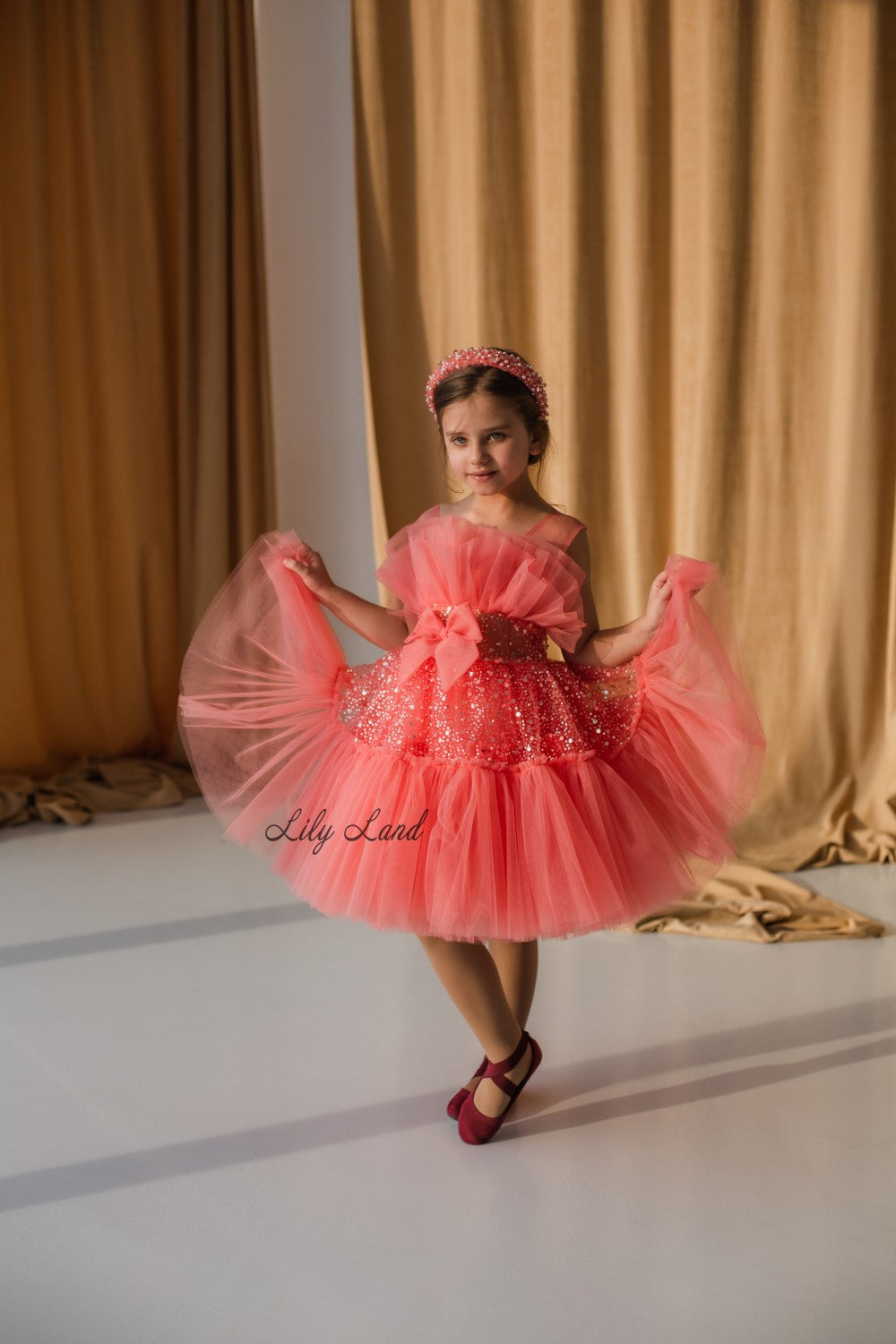 Margaret Girl Dress with Sequins in Coral
