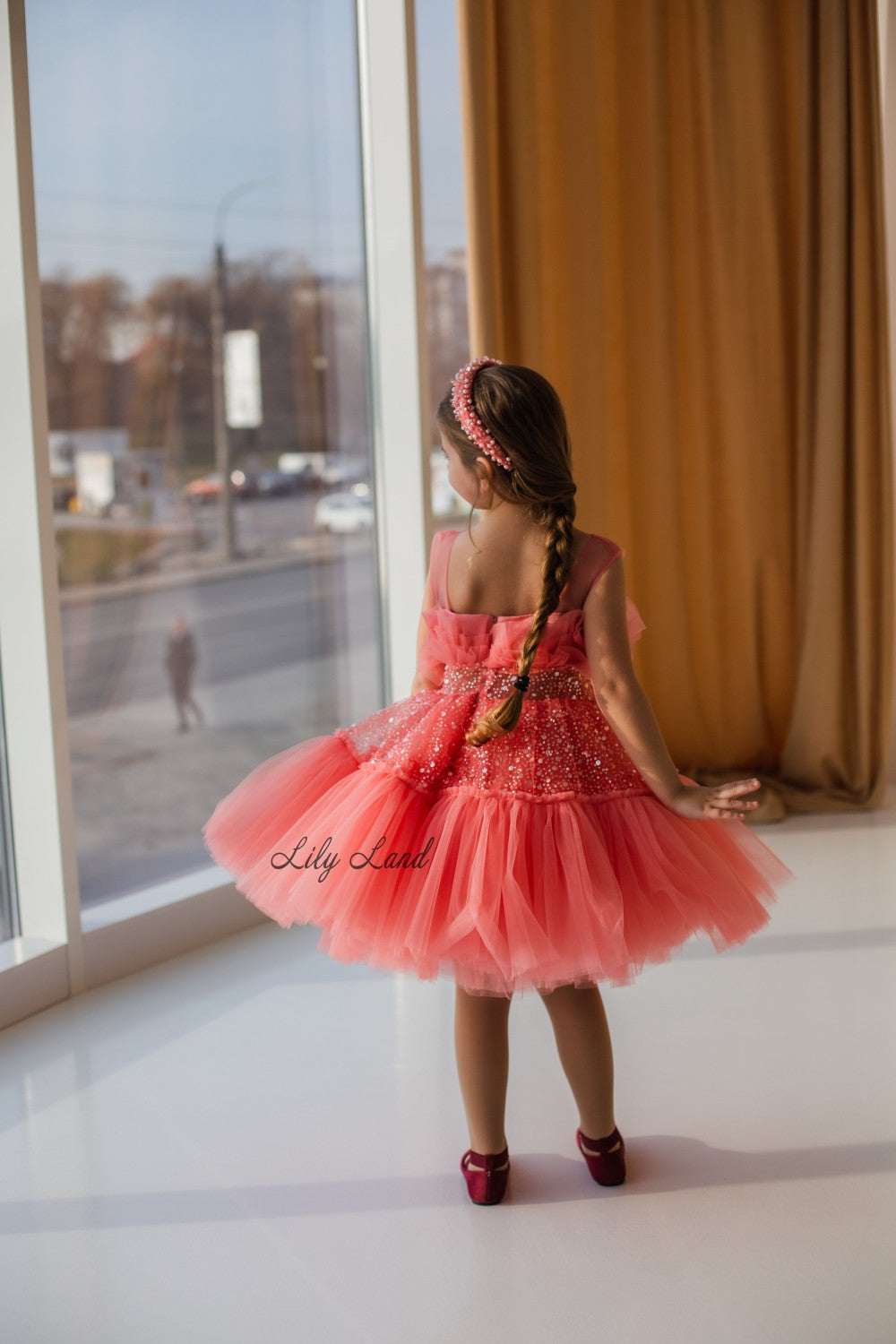 Margaret Girl Dress with Sequins in Coral