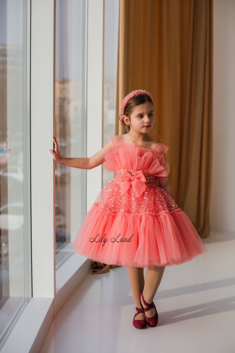 Margaret Girl Dress with Sequins in Coral