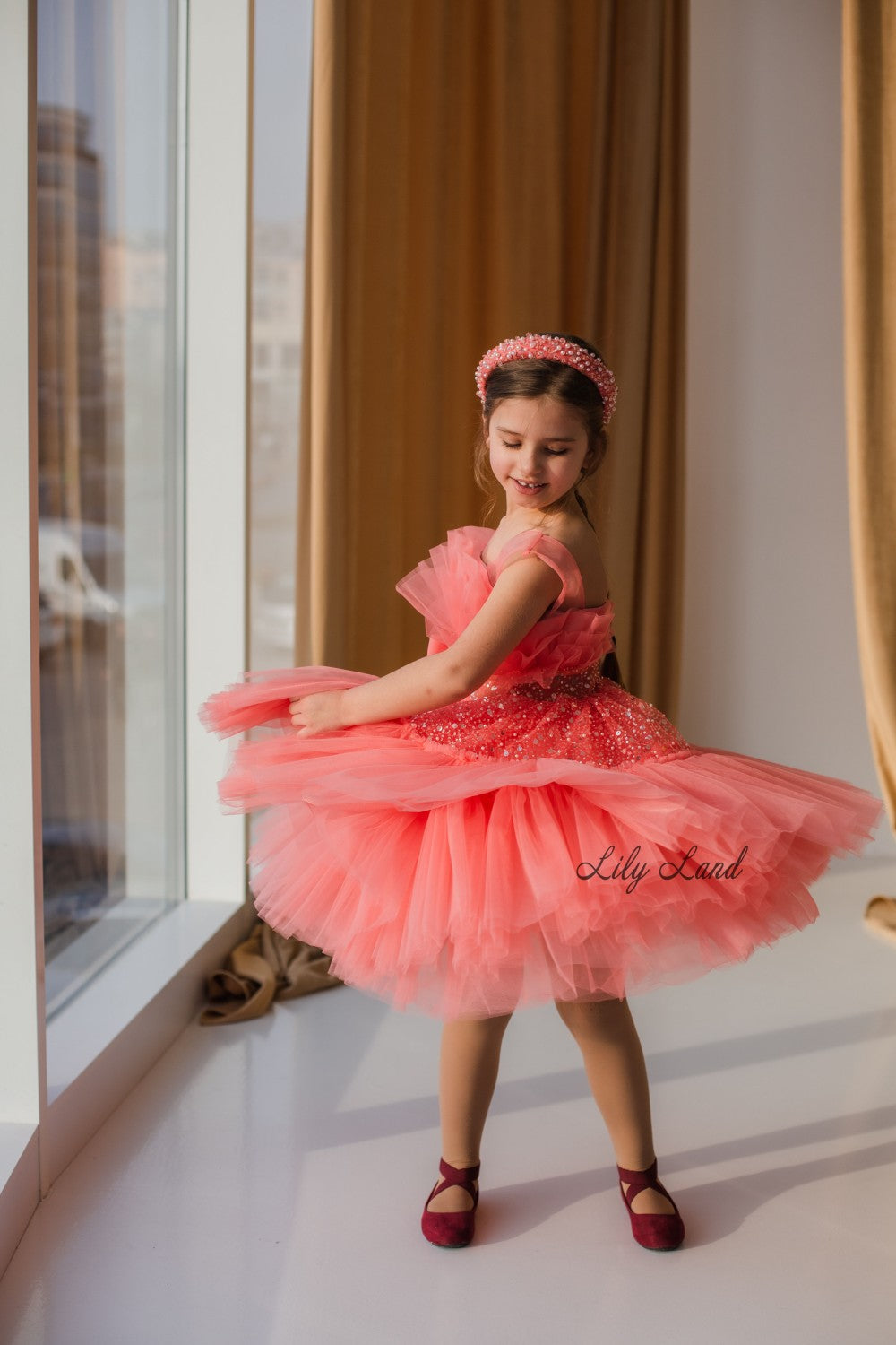 Margaret Girl Dress with Sequins in Coral