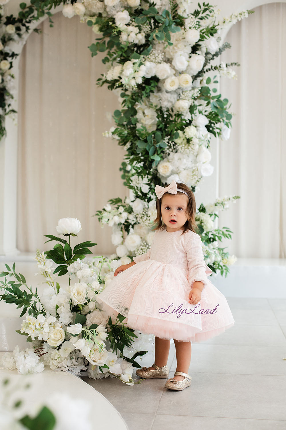 Mira Glitter Girl Dress in Ivory with Long Sleeves