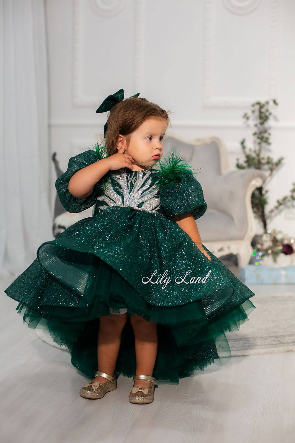 Daphne Sparkling Girl Dress in Emerald Green