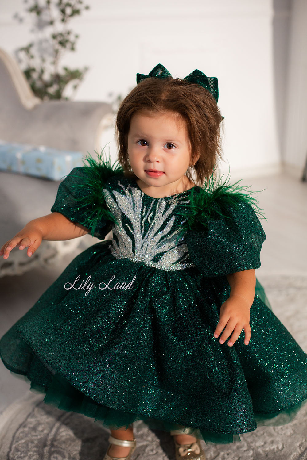 Daphne Sparkling Girl Dress in Emerald Green