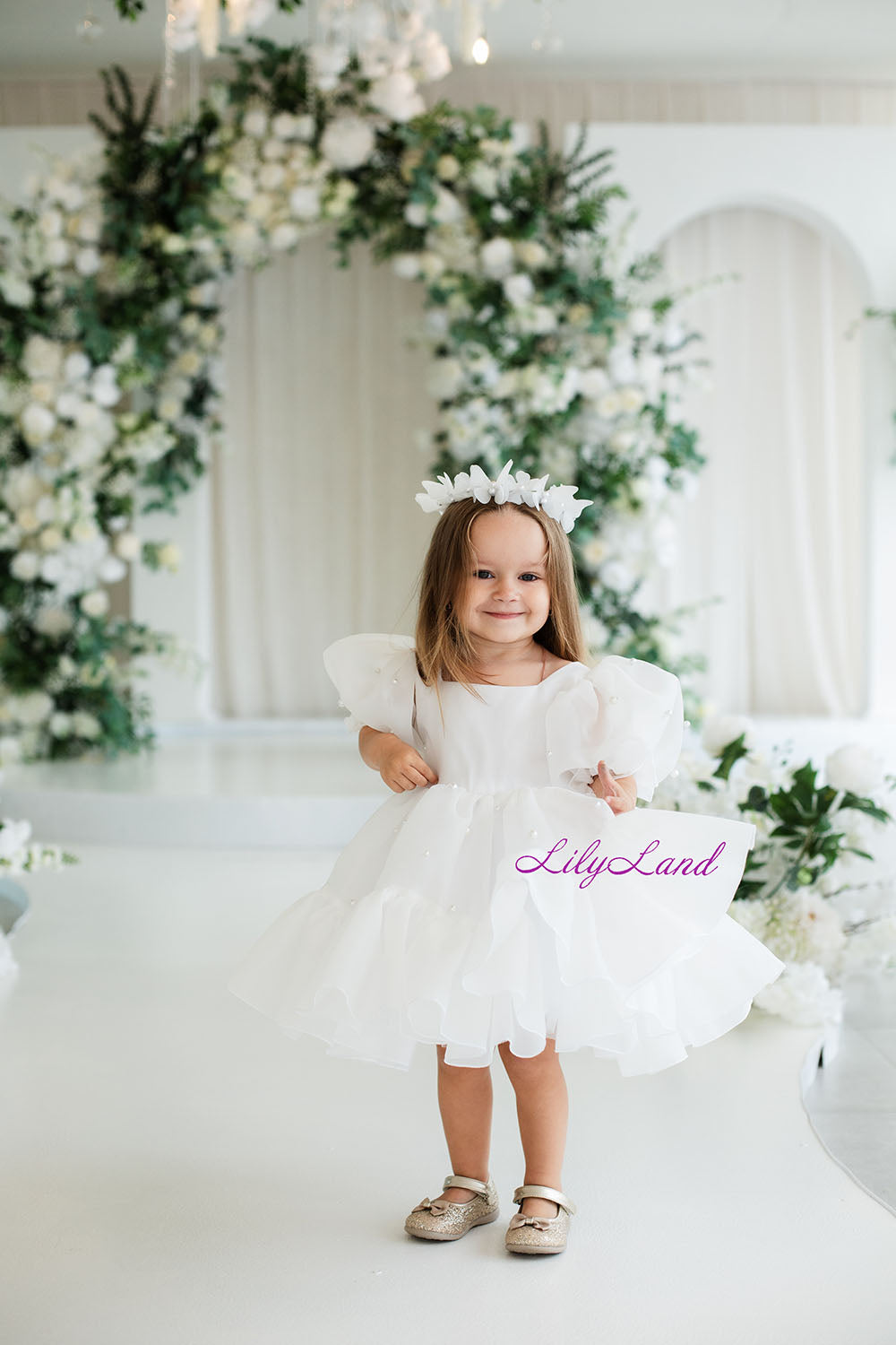 Marseille Puffy Dress in White with Pearls