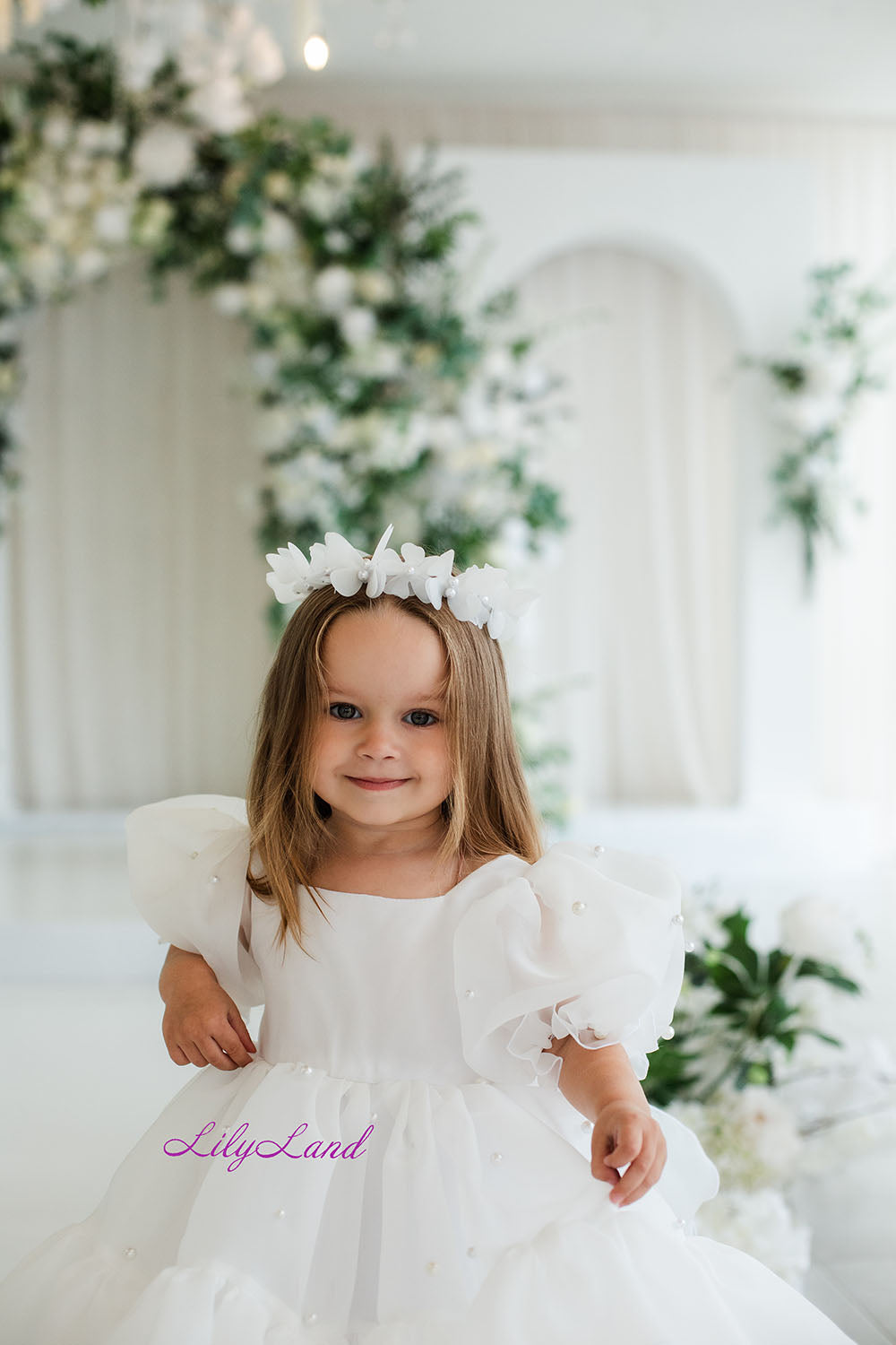 Marseille Puffy Dress in White with Pearls