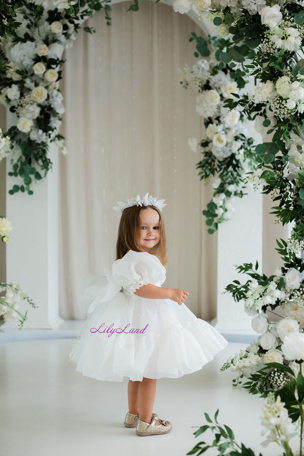 Marseille Puffy Dress in White with Pearls