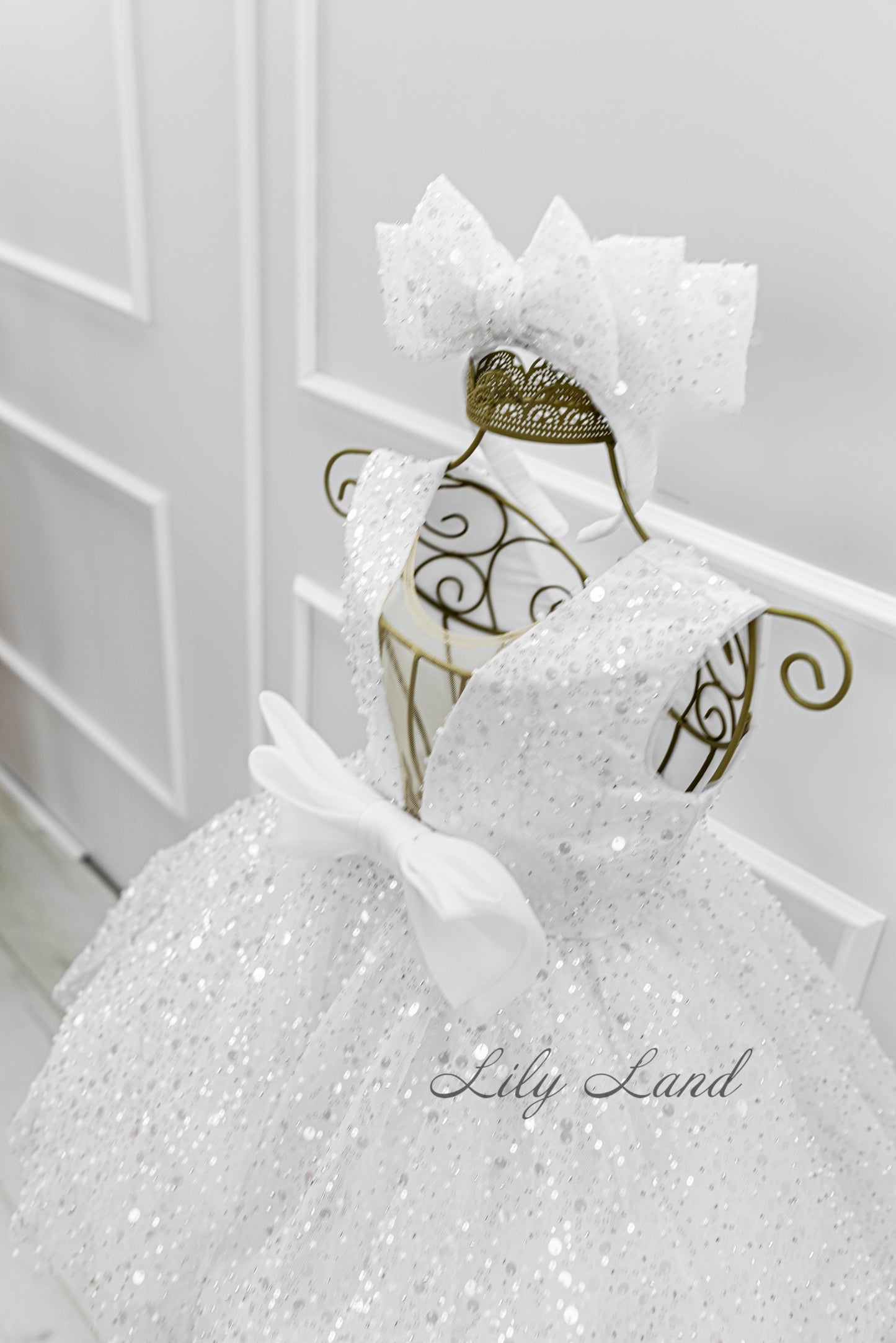 Celeste Girl Dress in White with a Mesh of Beads and Sequins