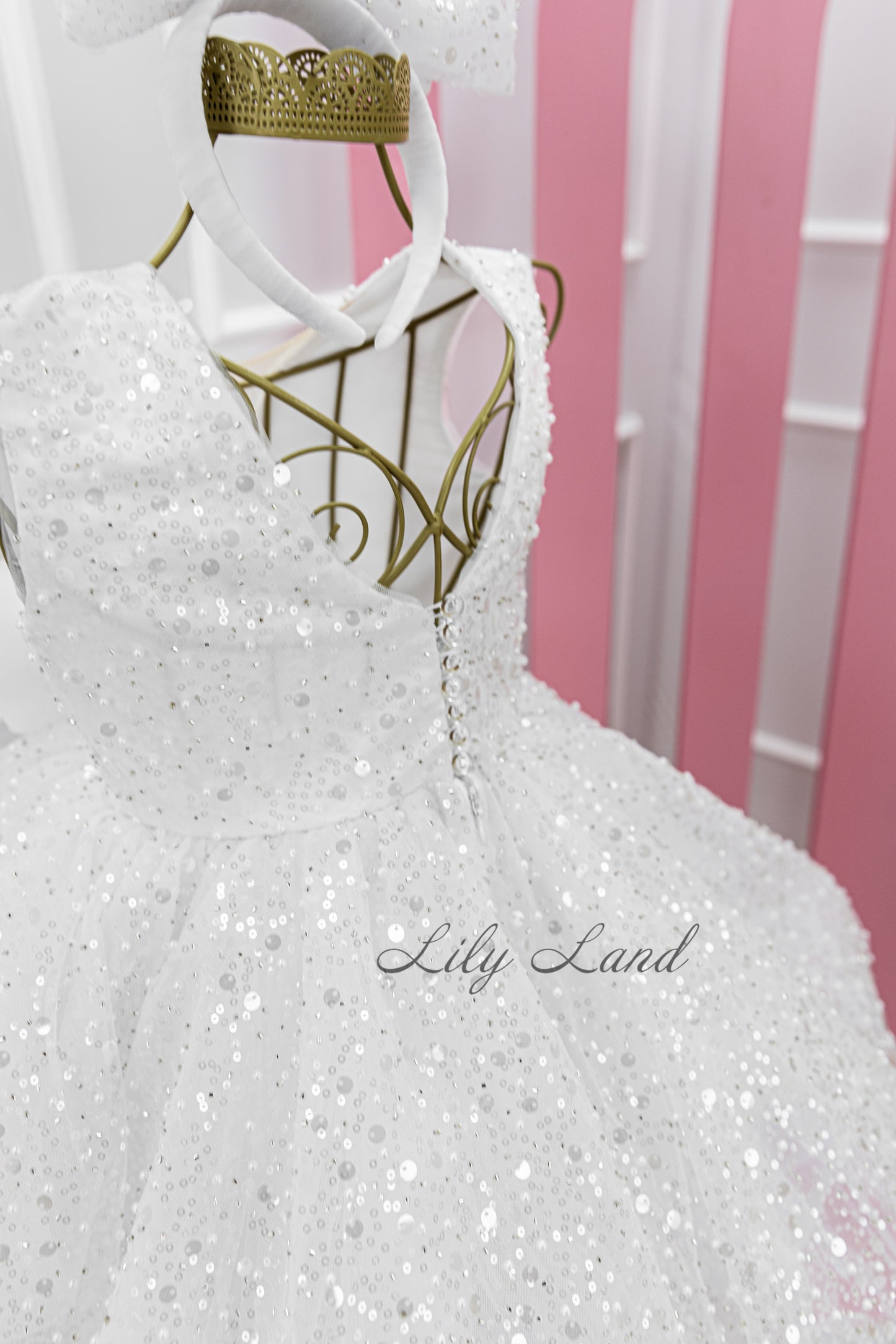 Celeste Girl Dress in White with a Mesh of Beads and Sequins